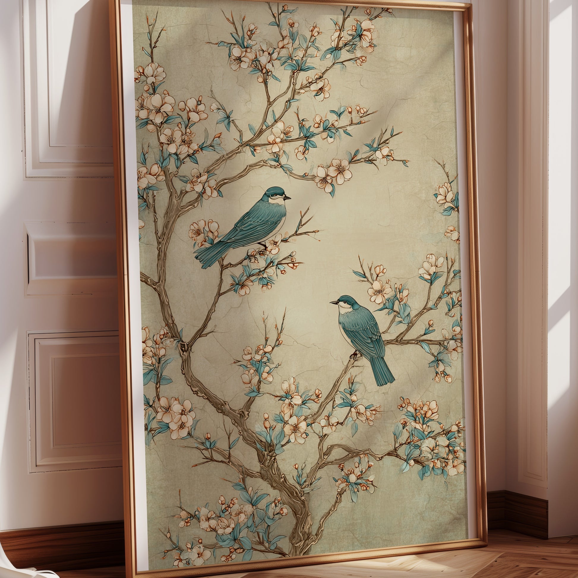 Elegant Blue Birds on Cherry Blossom Art Print