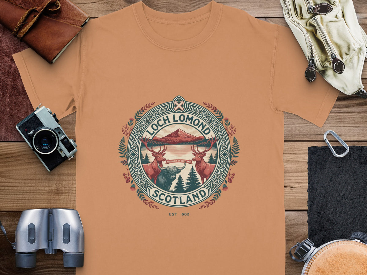 T-shirt with Loch Lomond, Scotland graphic featuring deer, Highland coo, and mountains.