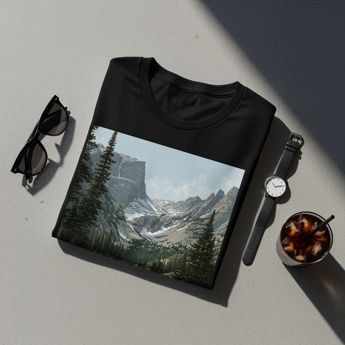 Scenic Mountain Landscape on Black T-shirt