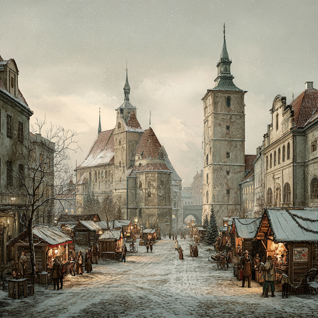 Enchanting Holiday Market Scene with Towering Spires