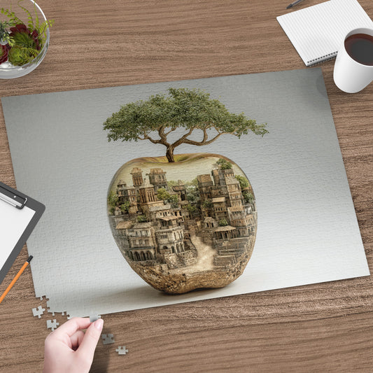 Puzzle piece with an apple shaped village and tree on a wooden desk.