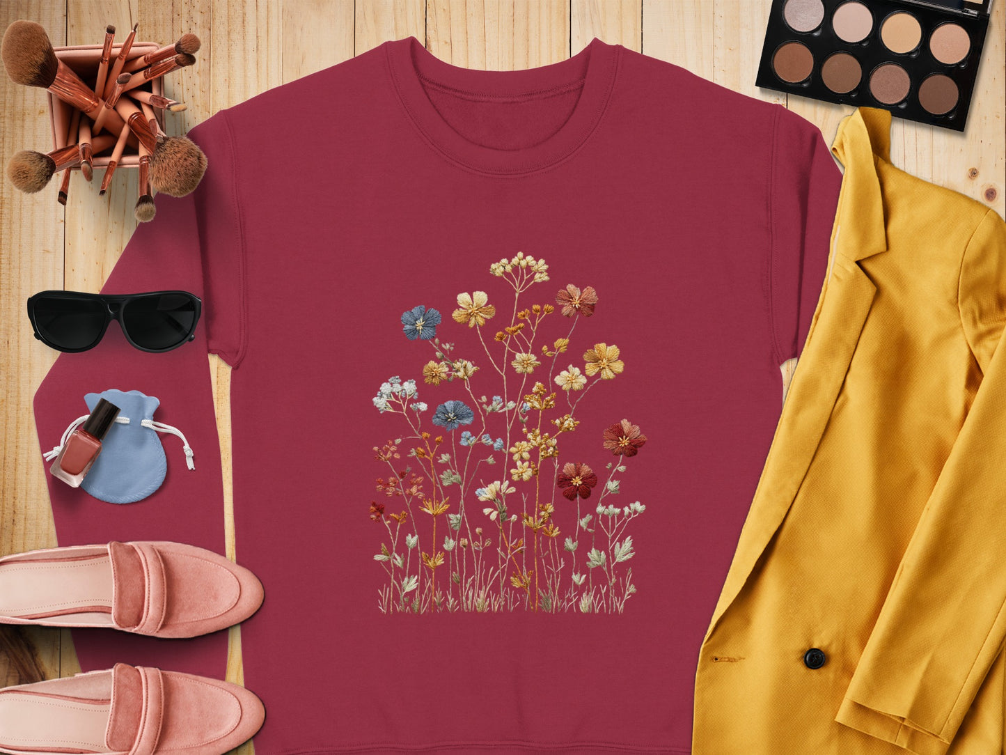 Embroidered Floral Design Maroon Long Sleeve Shirt