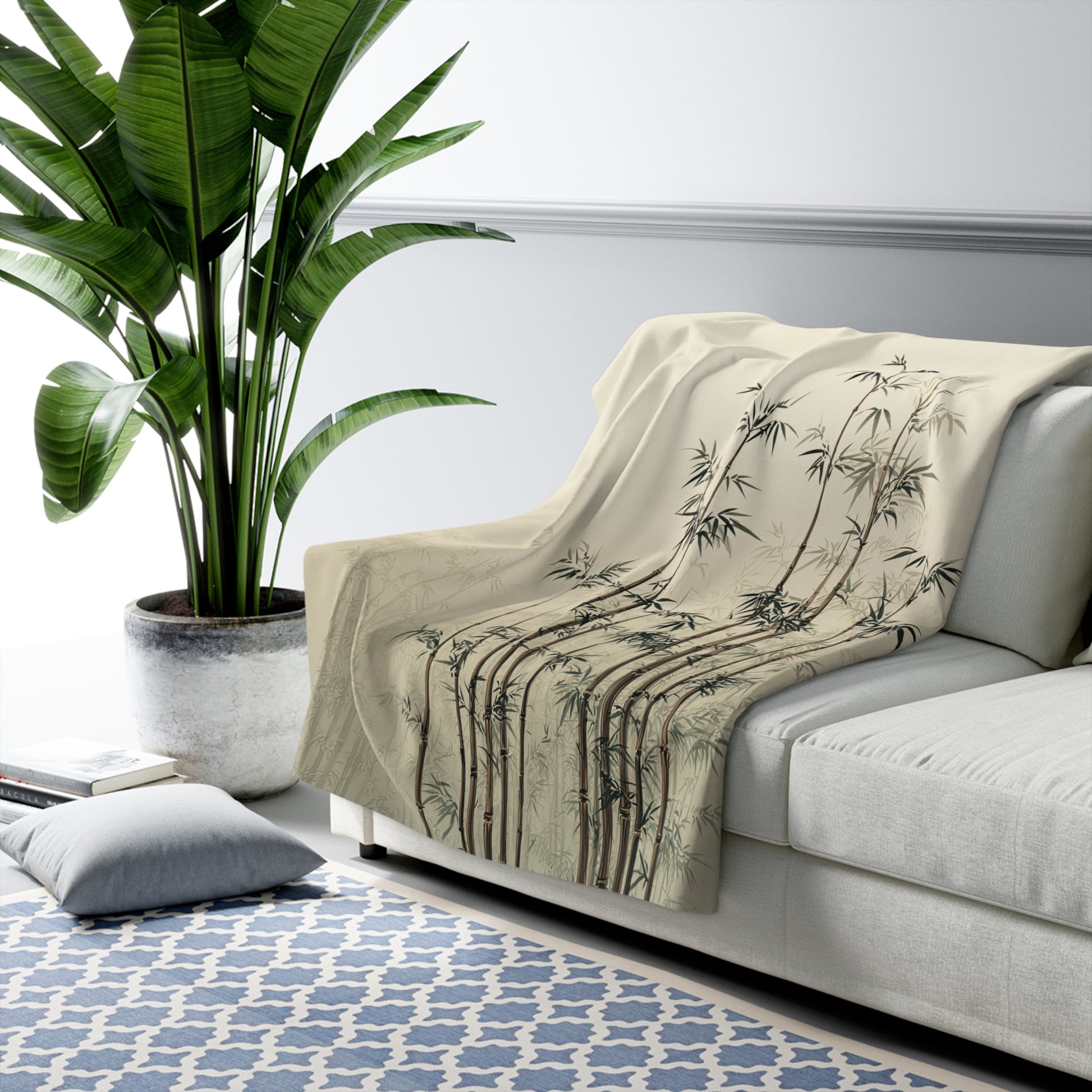 Bamboo Grove sherpa fleece blanket — cozy neutral Asian-inspired throw, boho home decor, housewarming gift