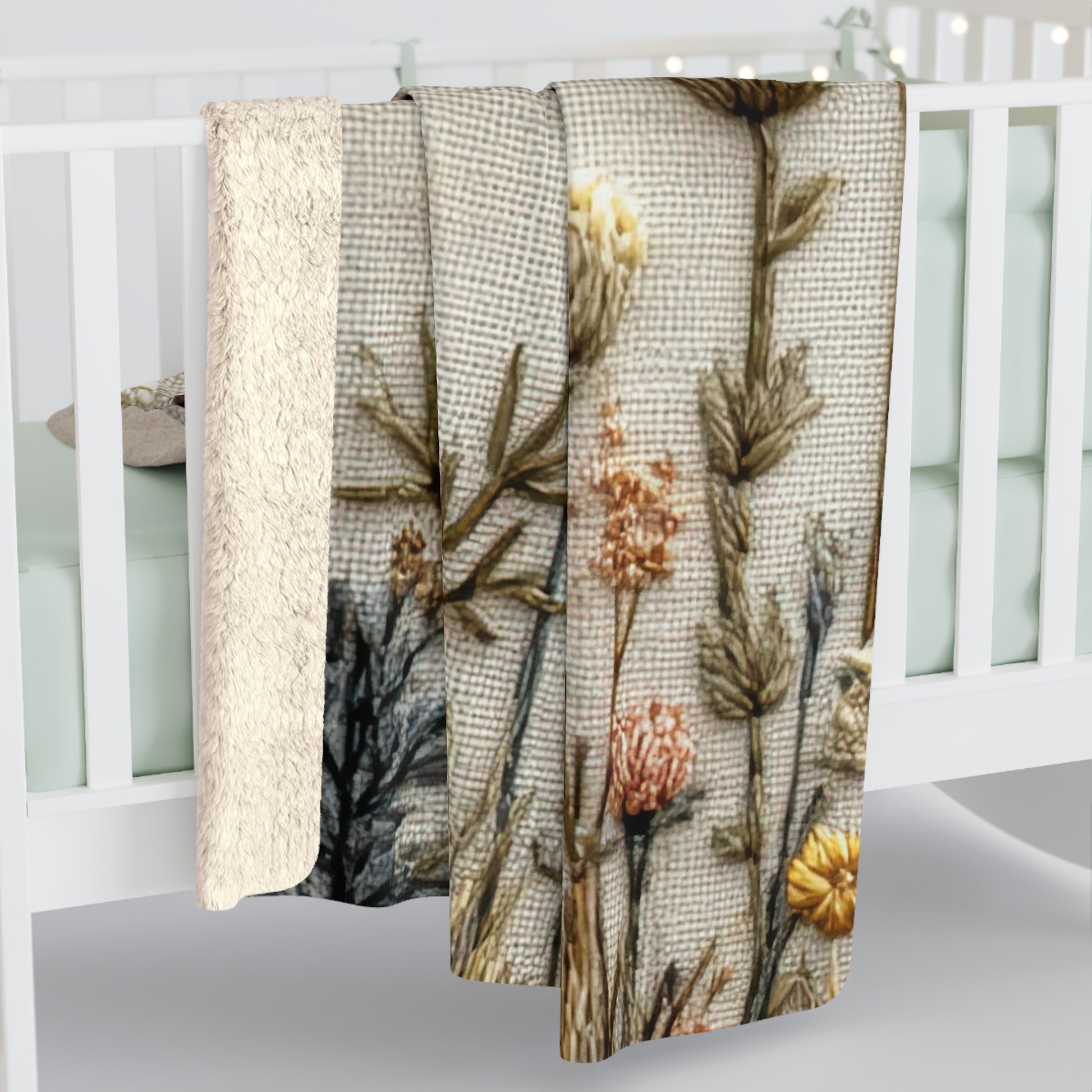 Botanical Embroidered Wildflower sherpa blanket — soft floral fleece throw, boho home decor, housewarming gift