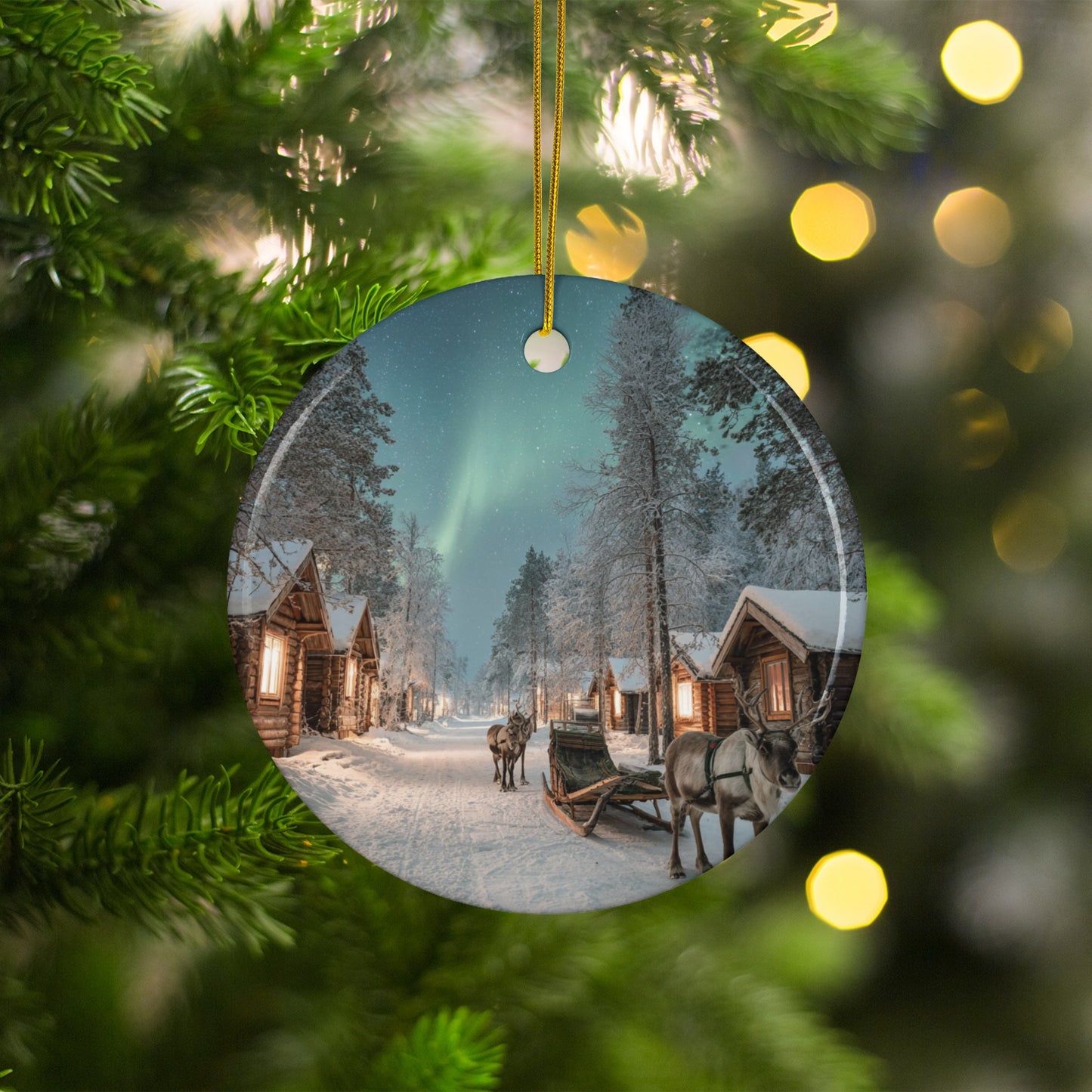 Snowy Cabin Village with Reindeer Scene Ornament
