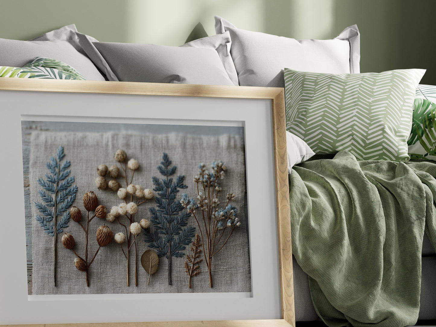 Nature-Inspired Embroidered Art Print in Wooden Frame