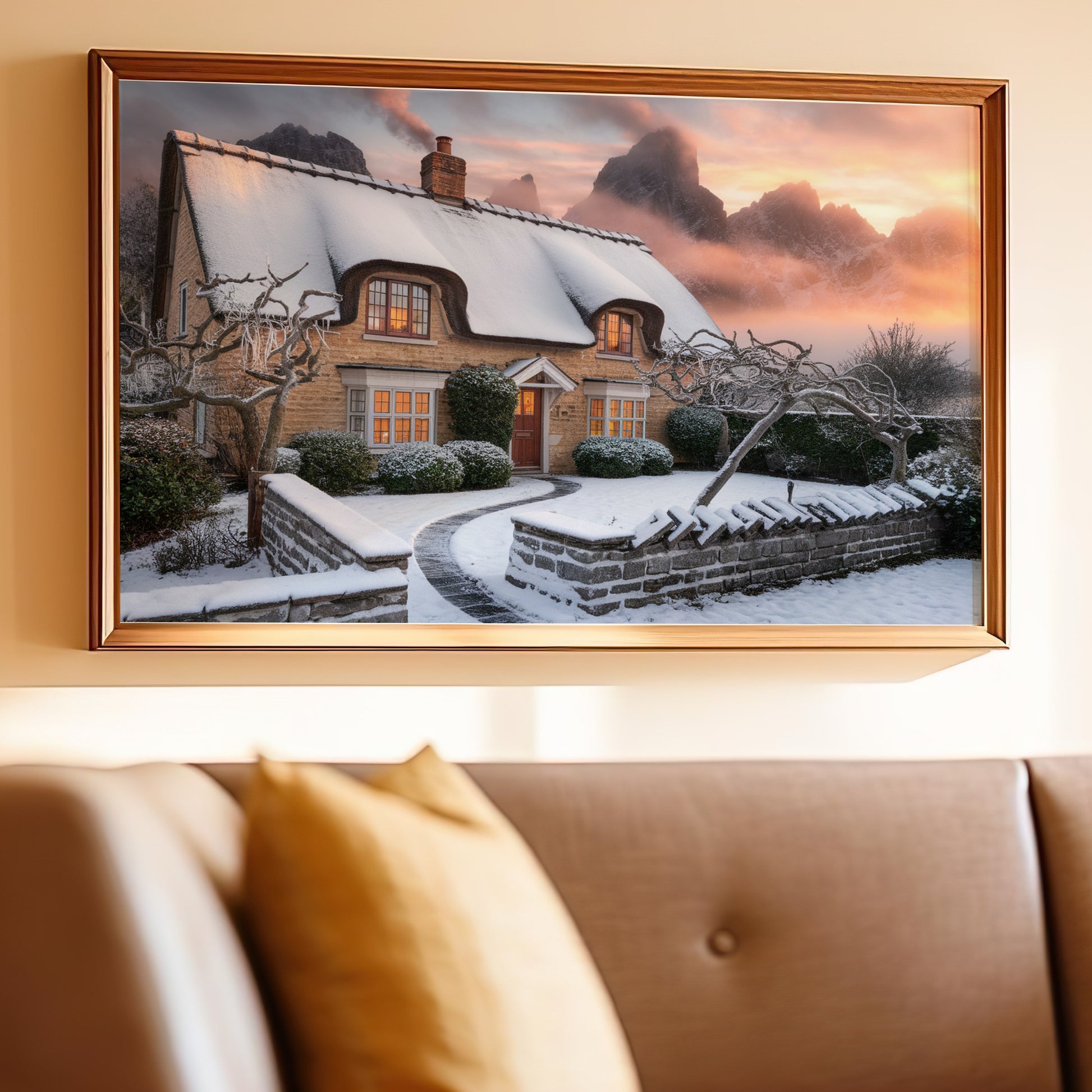 Framed artwork of a snow-covered cottage with mountains in the background at sunset.
