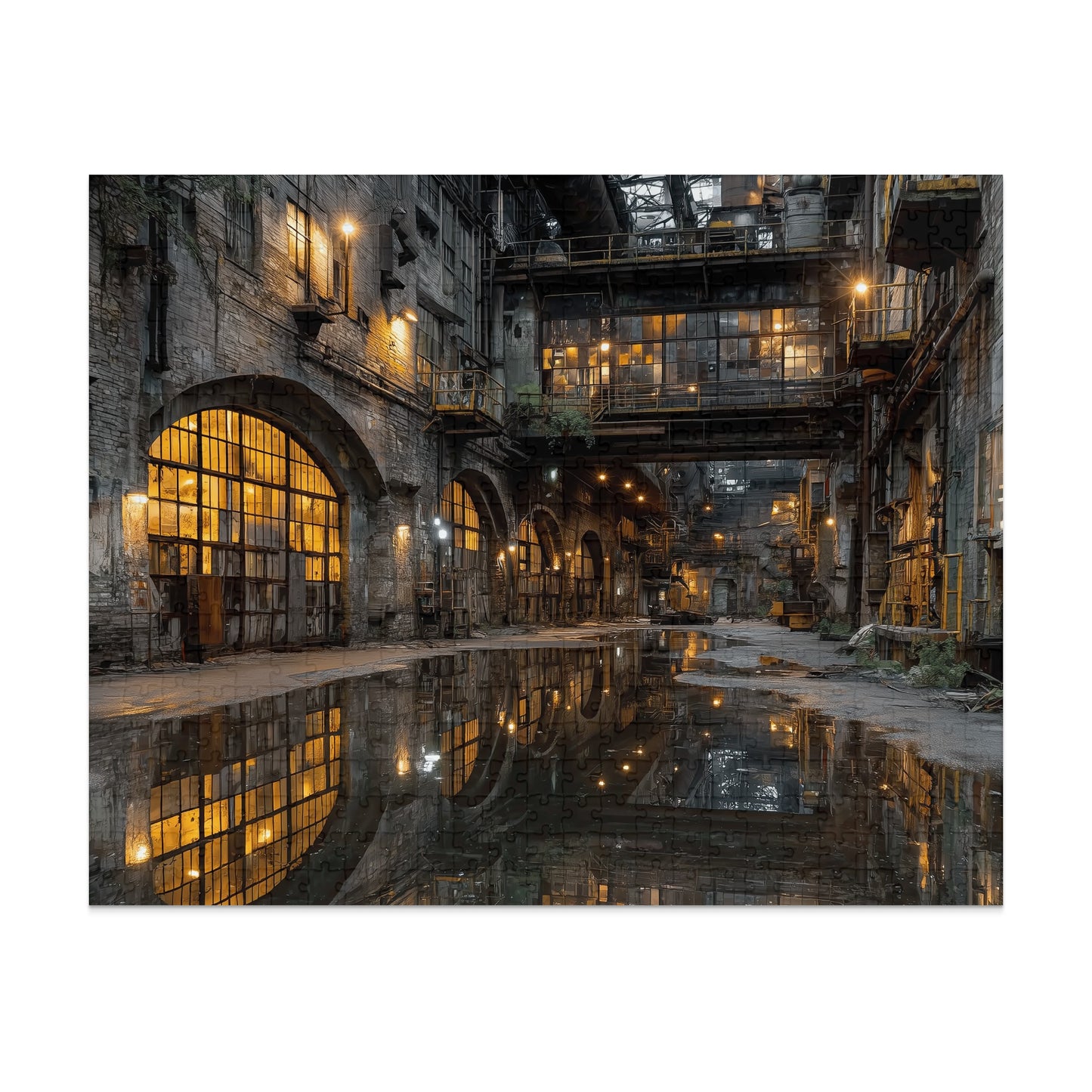 Industrial factory interior with large arched windows reflecting in a wet floor.