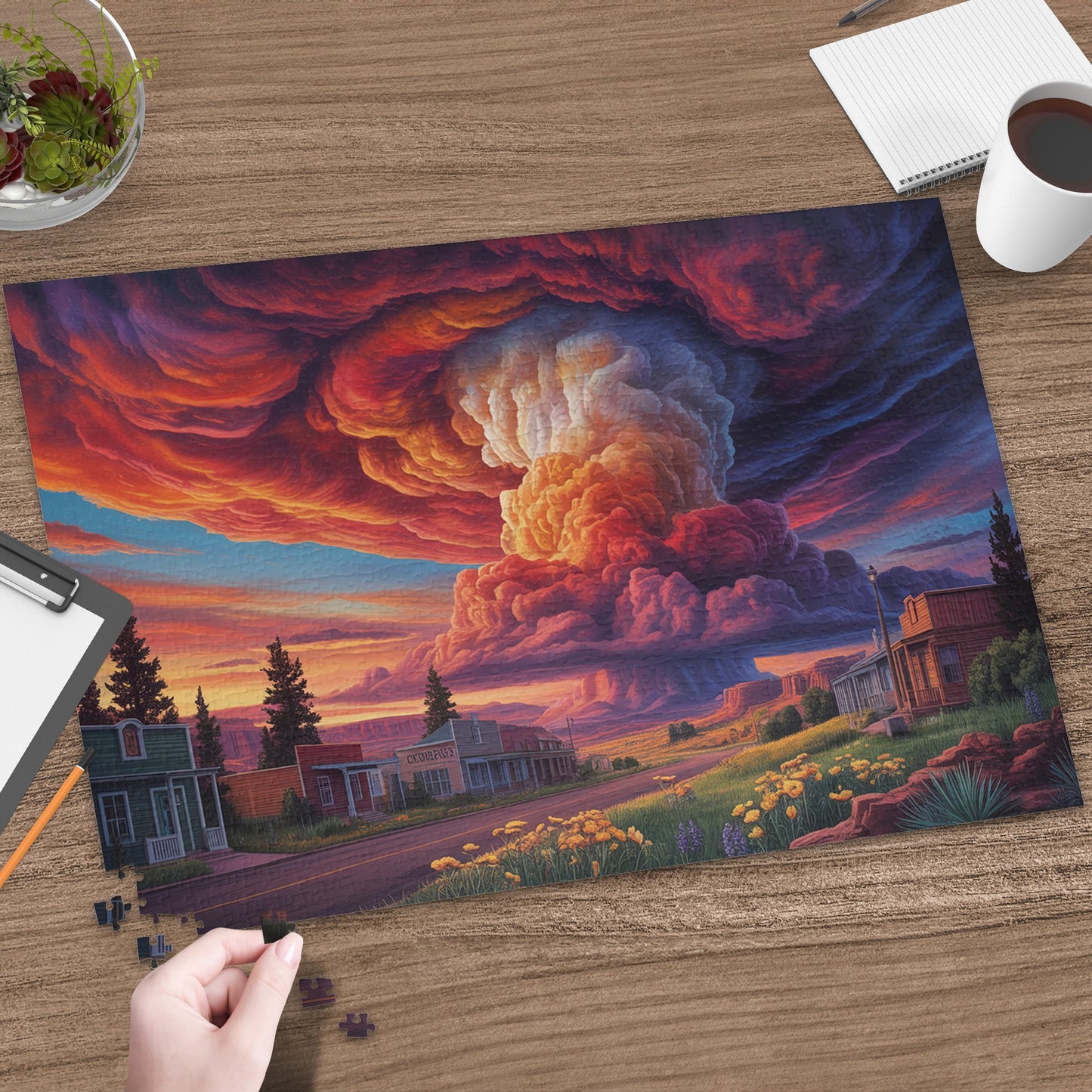 Jigsaw puzzle completed with a dramatic cloud formation over a desert town at sunset.