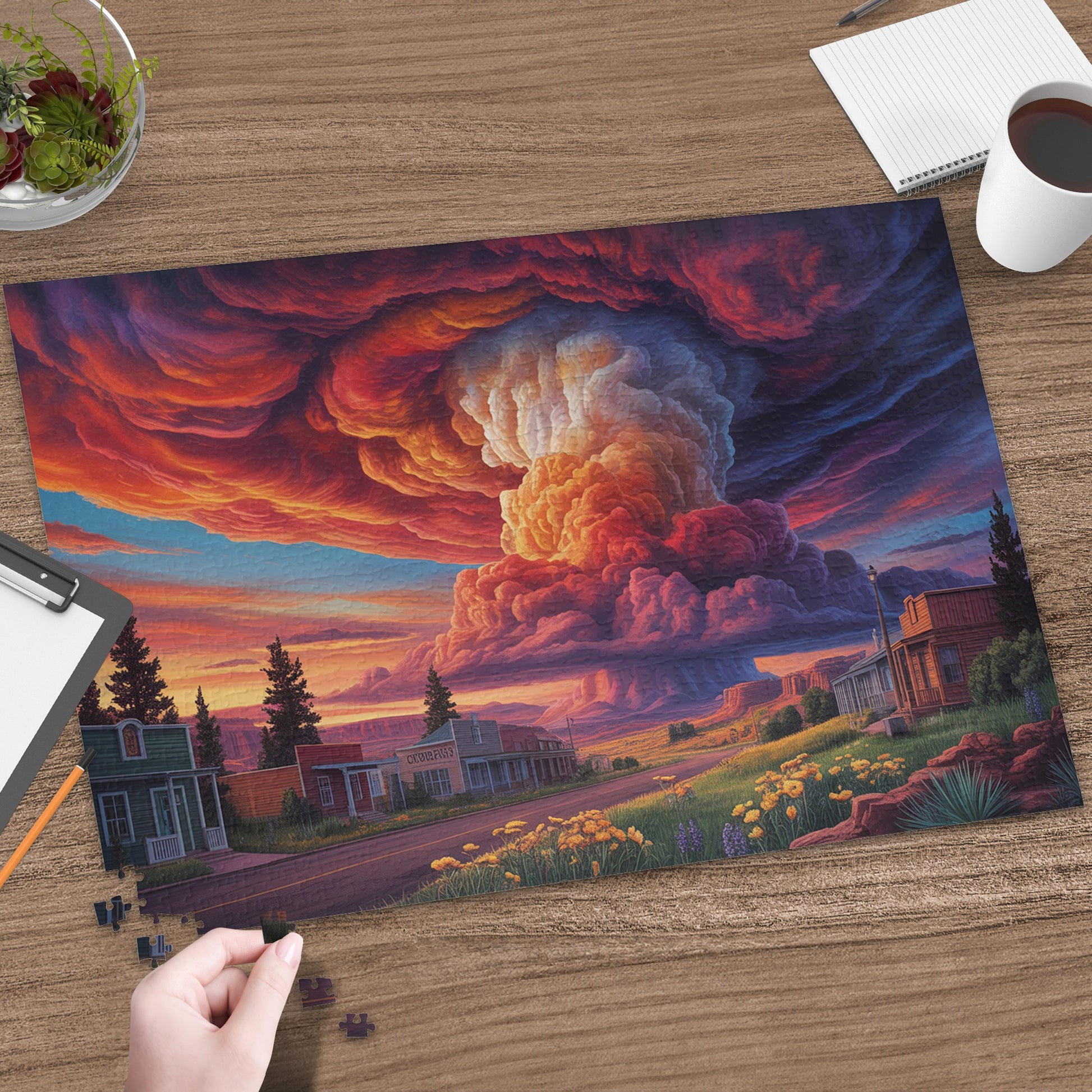 Jigsaw puzzle completed with a dramatic cloud formation over a desert town at sunset.