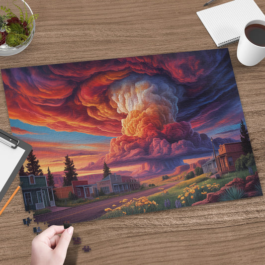 Jigsaw puzzle completed with a dramatic cloud formation over a desert town at sunset.