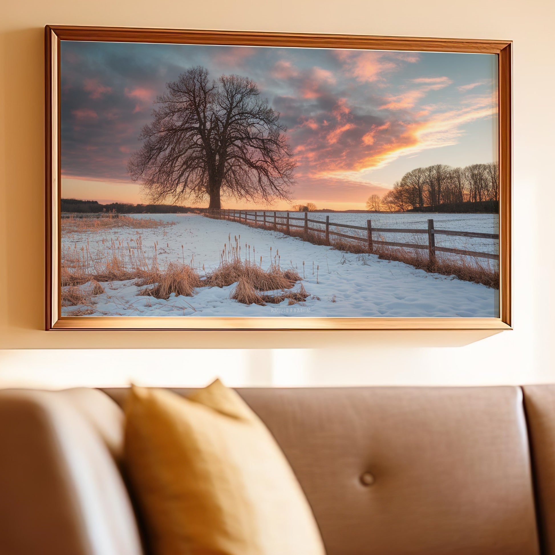 Framed artwork of a snow-covered field with a large tree at sunset.