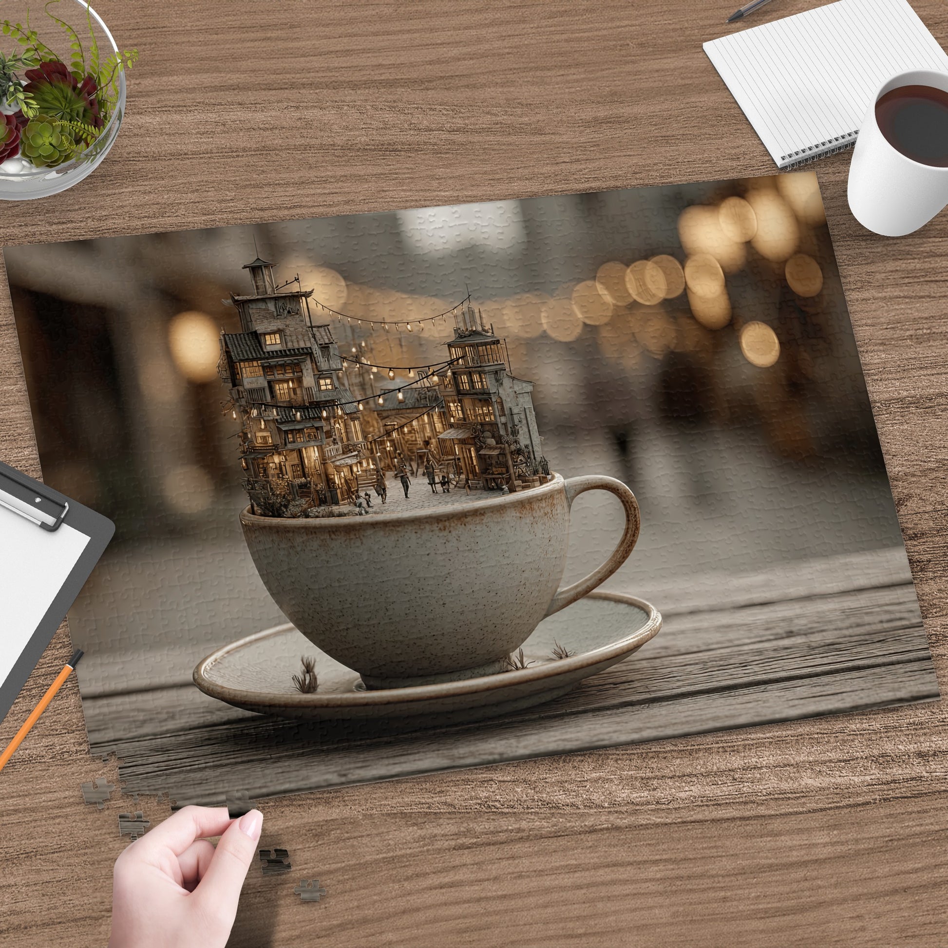 Miniature cityscape emerges from a teacup on a wooden table.