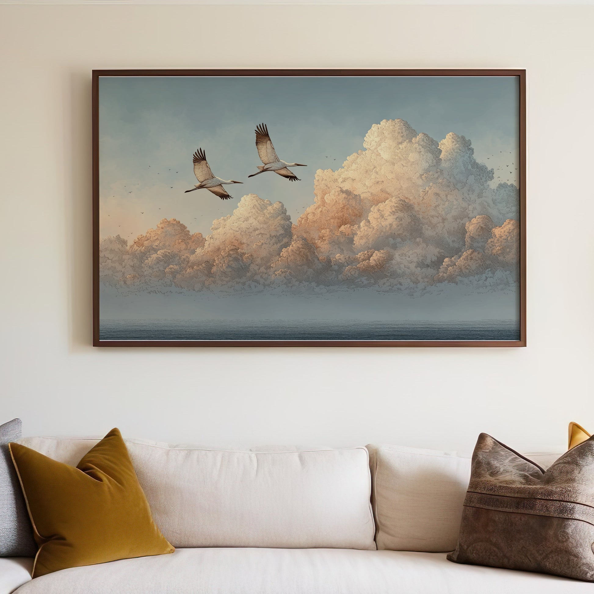 Graceful Crane Flight Over Majestic Cloudscape Artwork