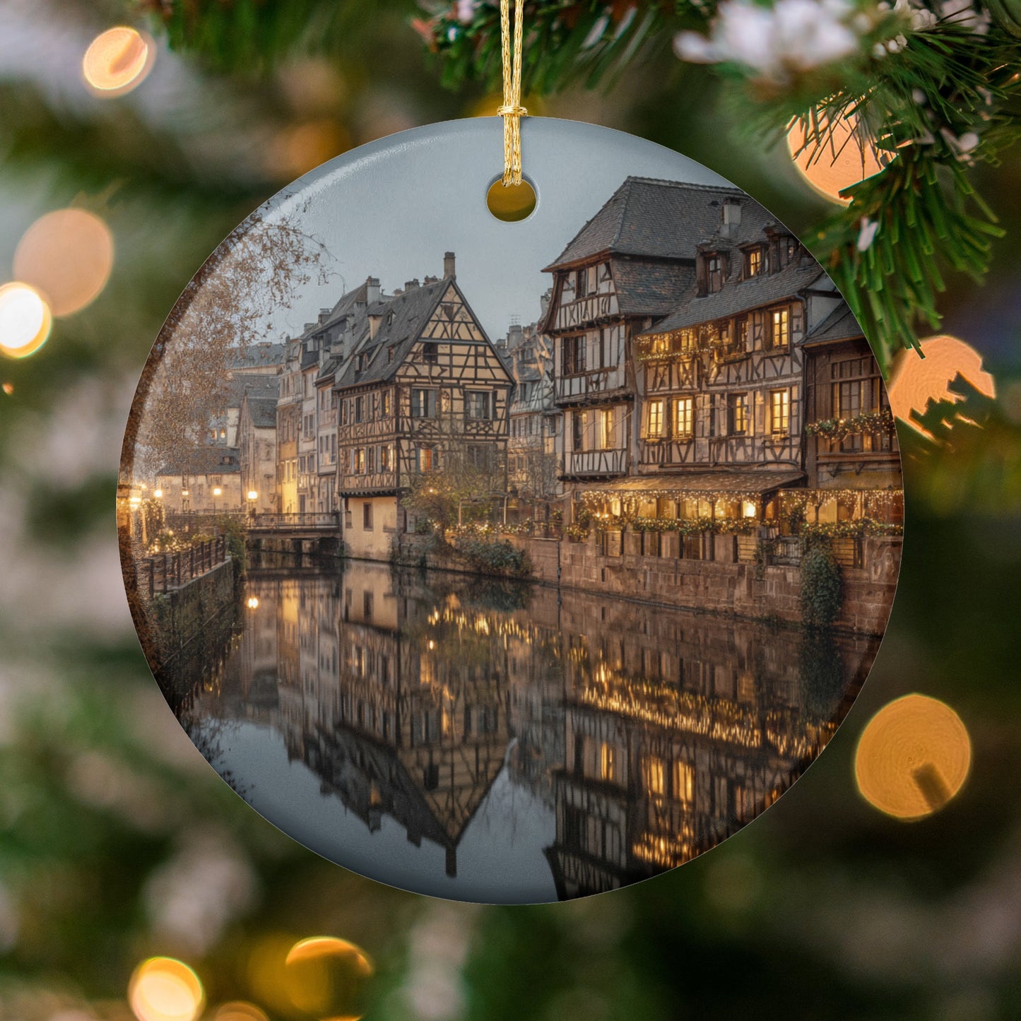 Beautiful Vintage European Village Scene Christmas Ornament