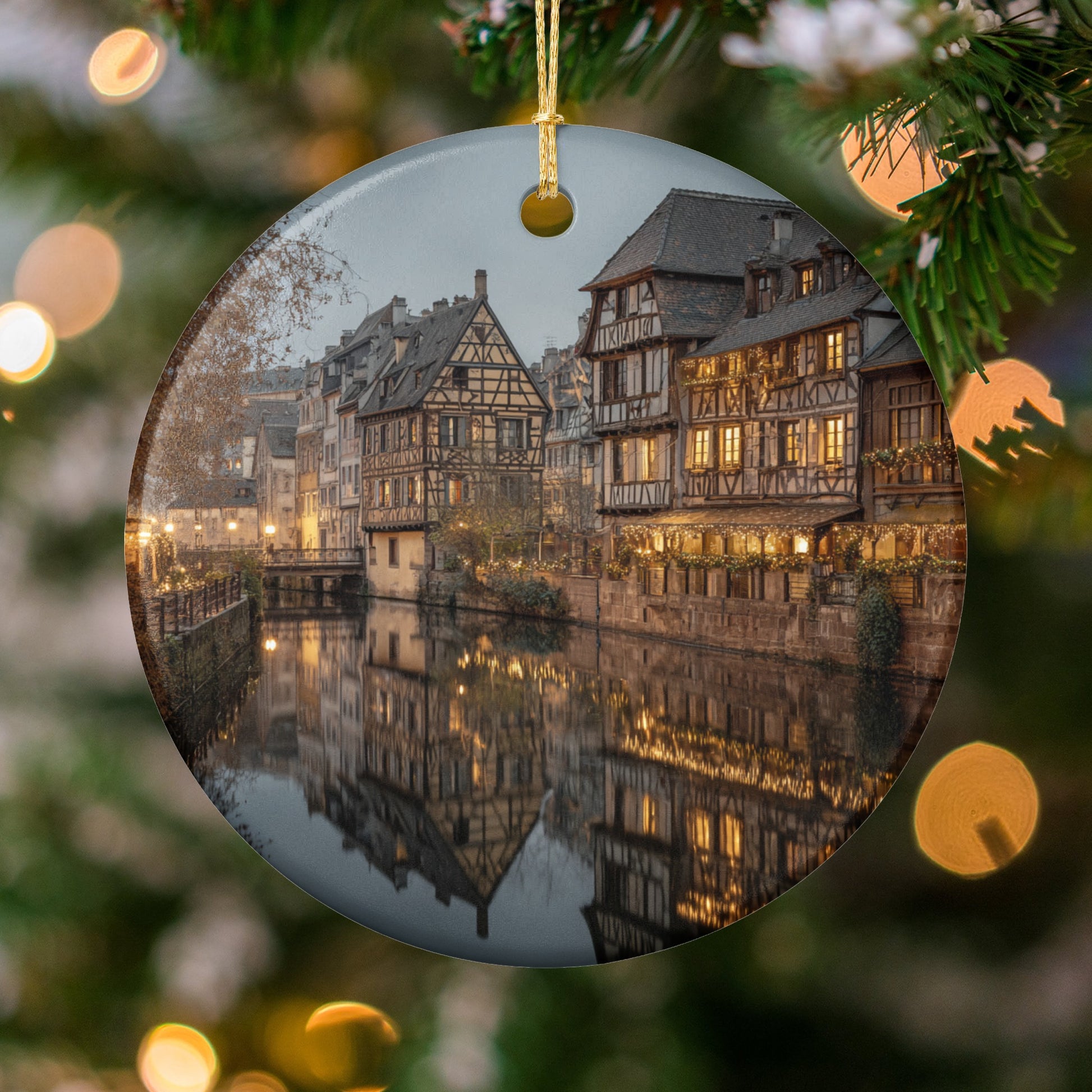 Beautiful Vintage European Village Scene Christmas Ornament