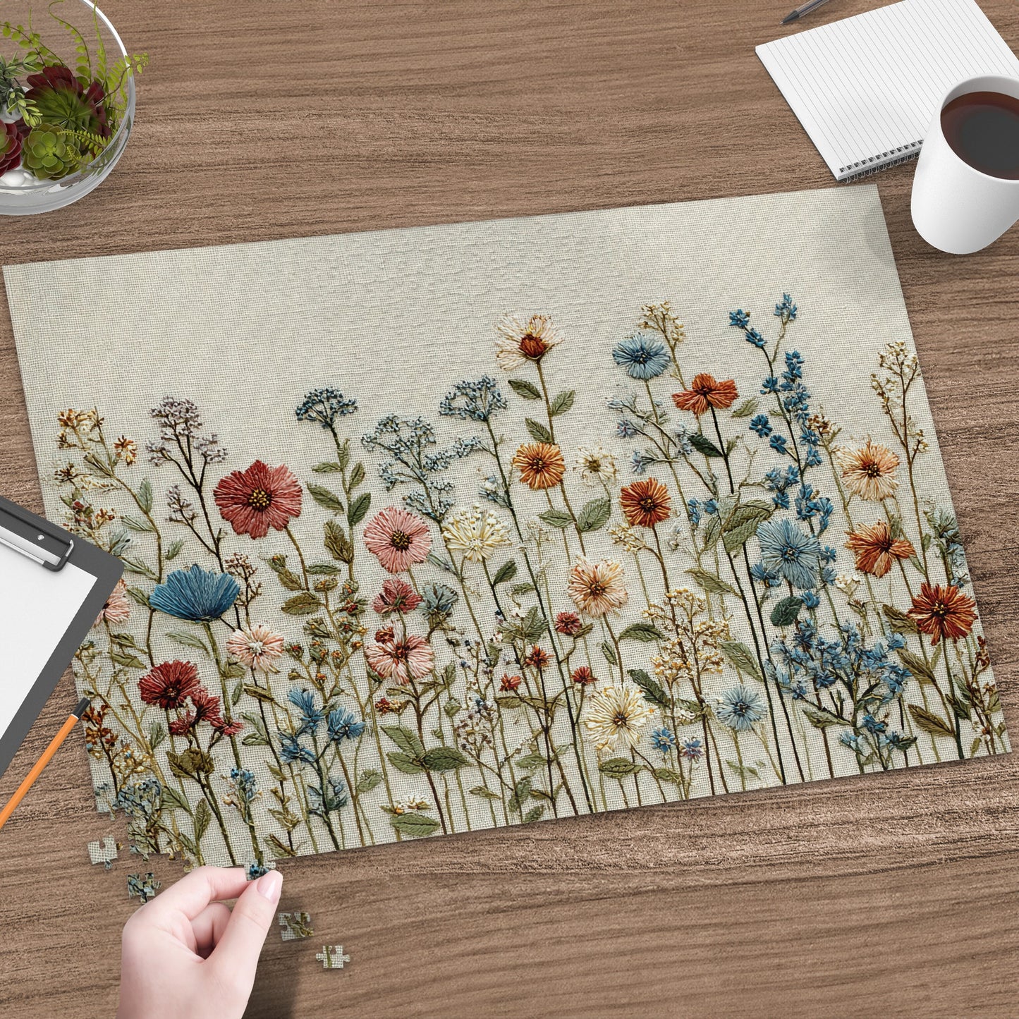 Embroidery kit for floral scene with scattered puzzle pieces and hand holding one piece.