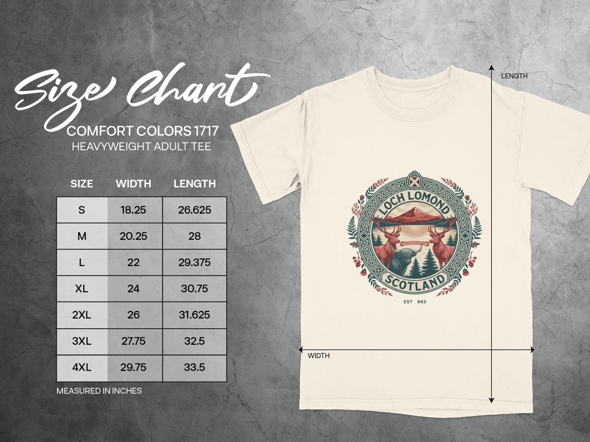 Comfort Colors 1717 size chart for heavyweight adult tee, with width and length measurements in inches.