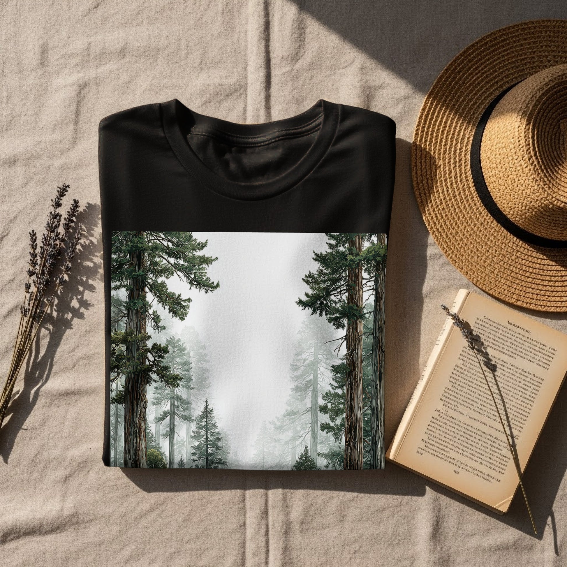 Misty Forest Scene with Tall Trees Shirt