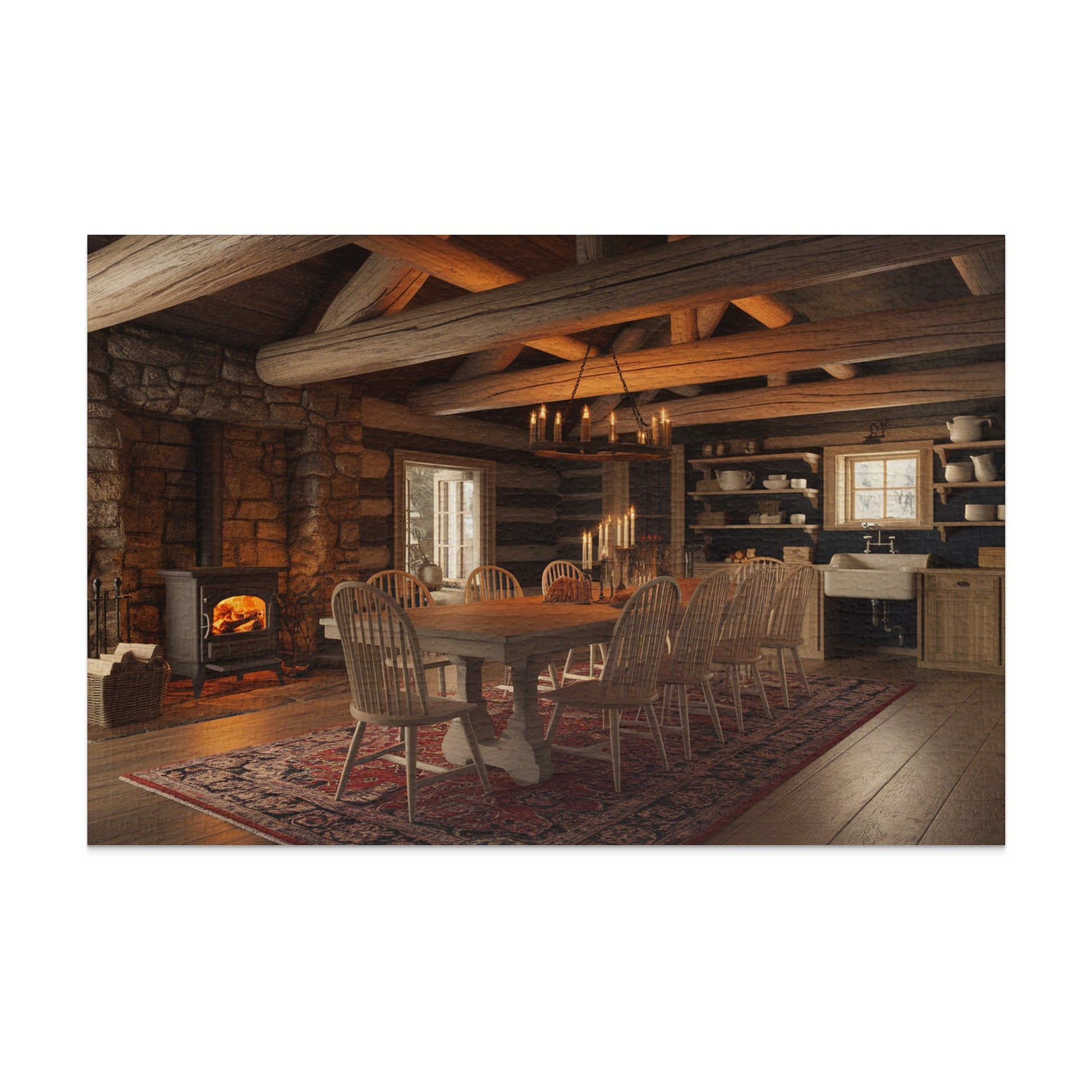 Log cabin dining room with fireplace, rustic table, chairs, and shelves.
