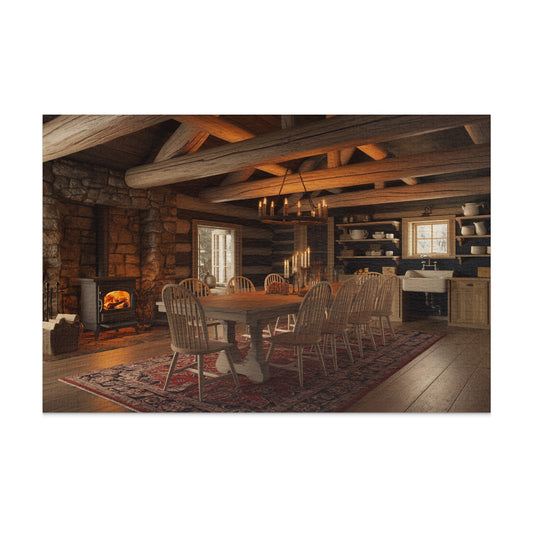 Log cabin dining room with fireplace, rustic table, chairs, and shelves.