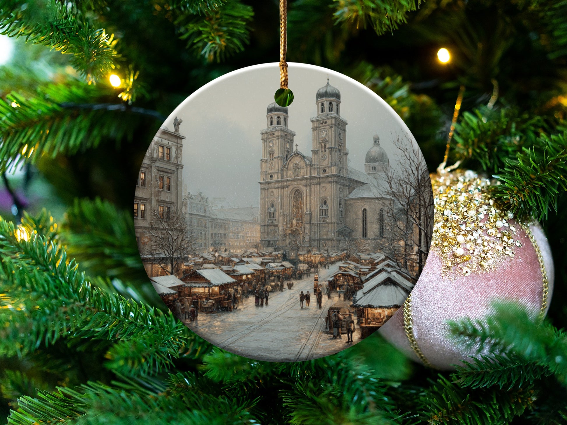 European Christmas Market Scene Holiday Ornament