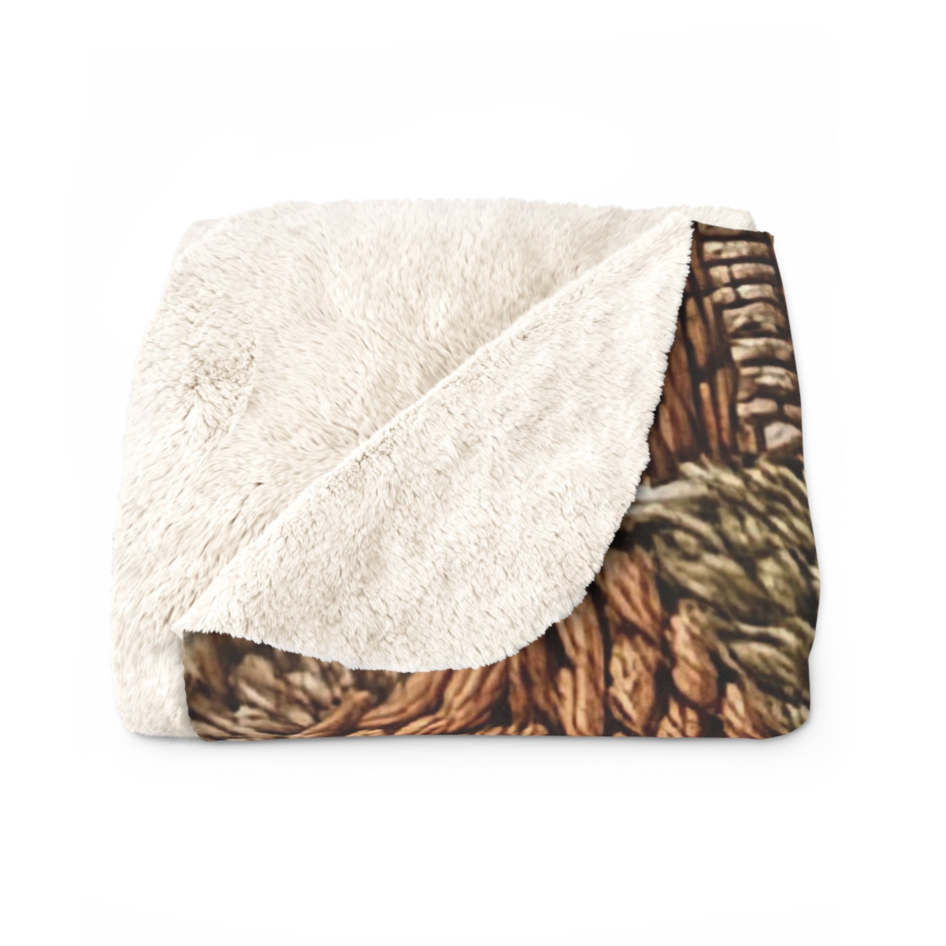 Embroidered Village cozy sherpa blanket — rustic cottagecore fleece throw, housewarming gift, living room decor