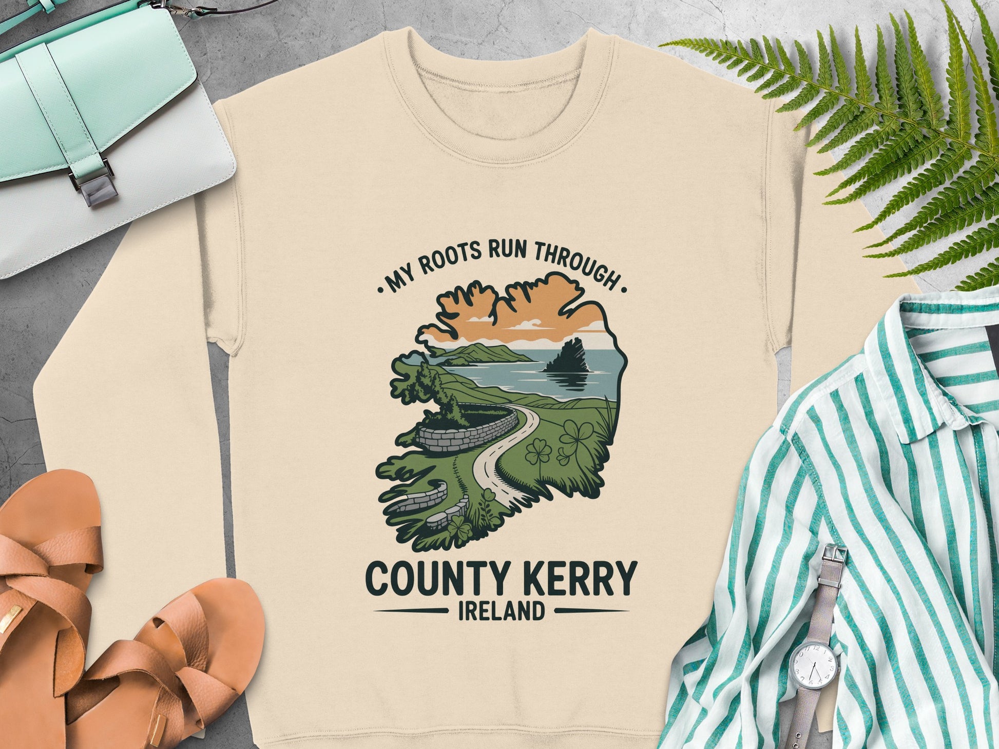 Light beige sweatshirt with "My Roots Run Through County Kerry Ireland" graphic.