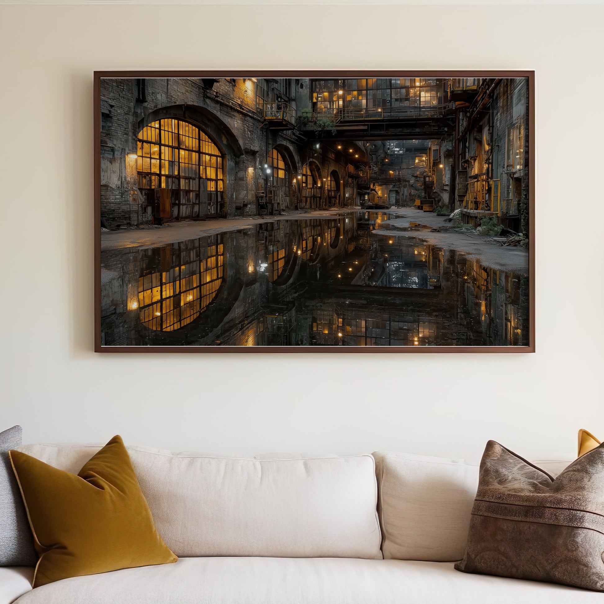 Reflective industrial interior with arched windows and warm lights.