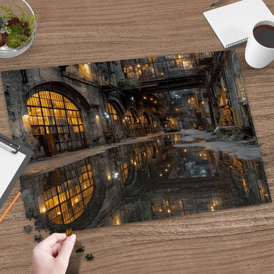 Hand placing puzzle piece into industrial puzzle with reflections on wet floor.