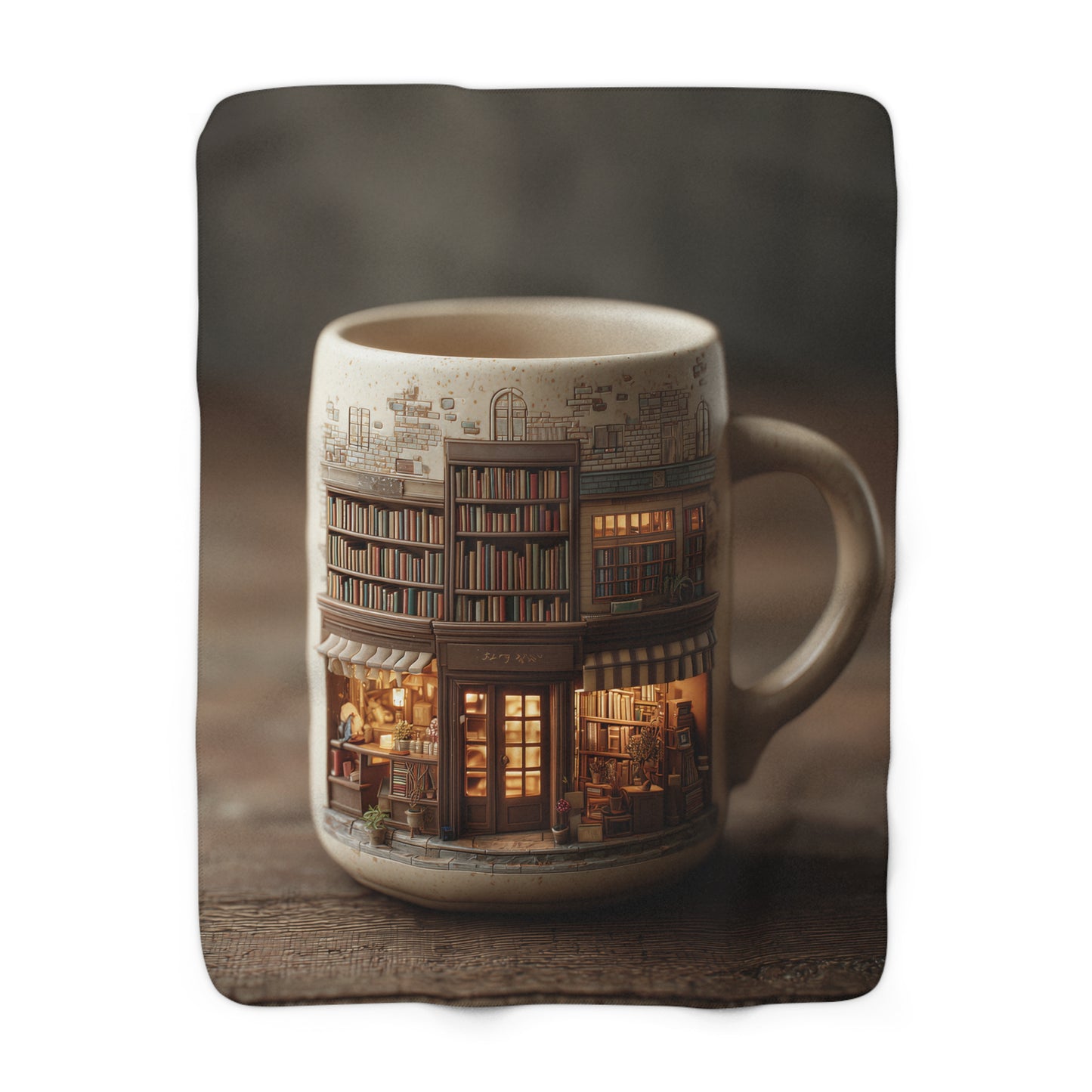 Cozy Bookshop Mug sherpa fleece blanket — warm reading nook throw, book lover gift, literary home decor