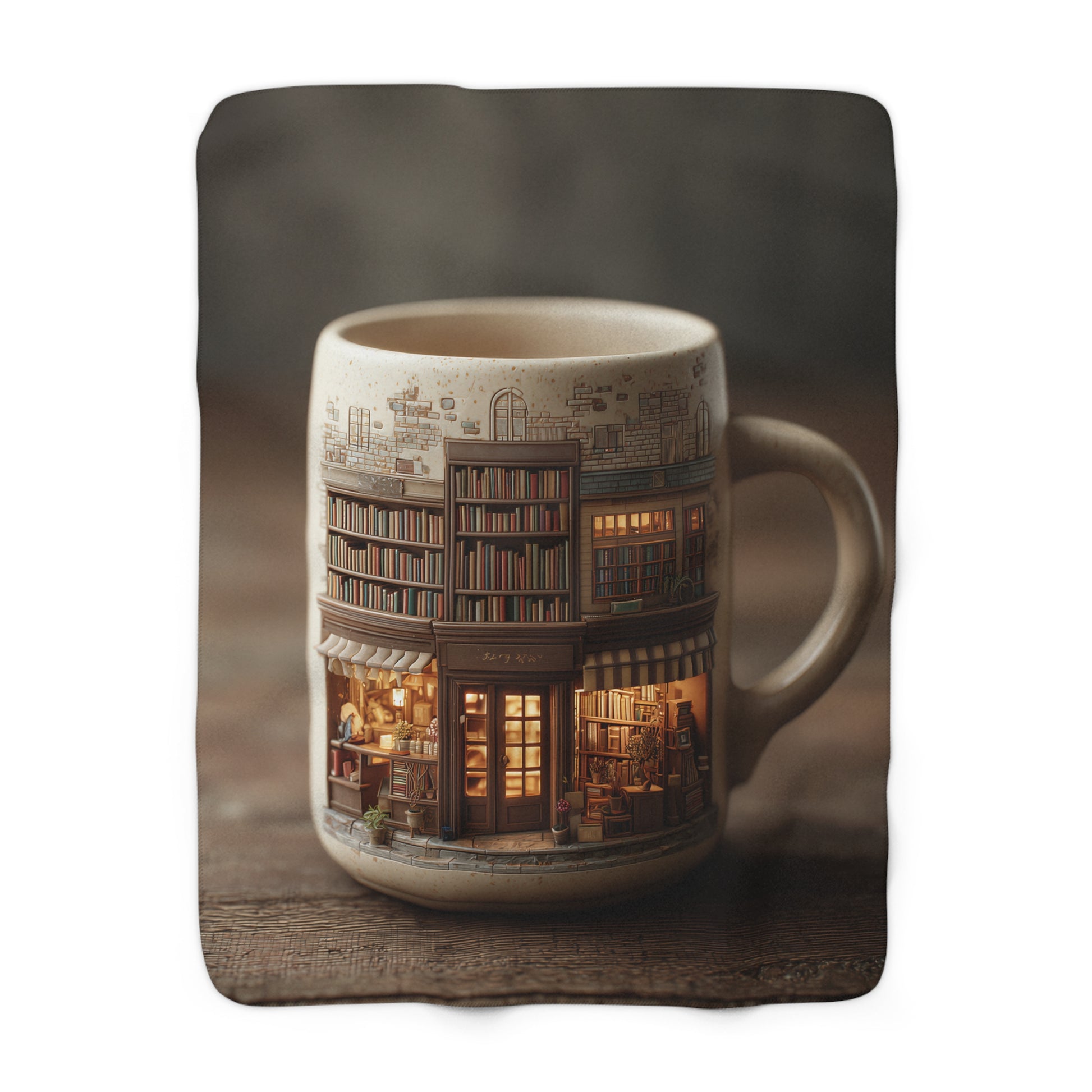 Cozy Bookshop Mug sherpa fleece blanket — warm reading nook throw, book lover gift, literary home decor