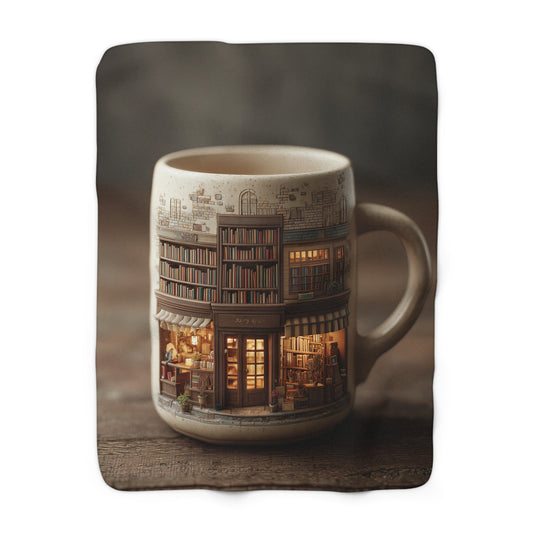 Cozy Bookshop Mug sherpa fleece blanket — warm reading nook throw, book lover gift, literary home decor