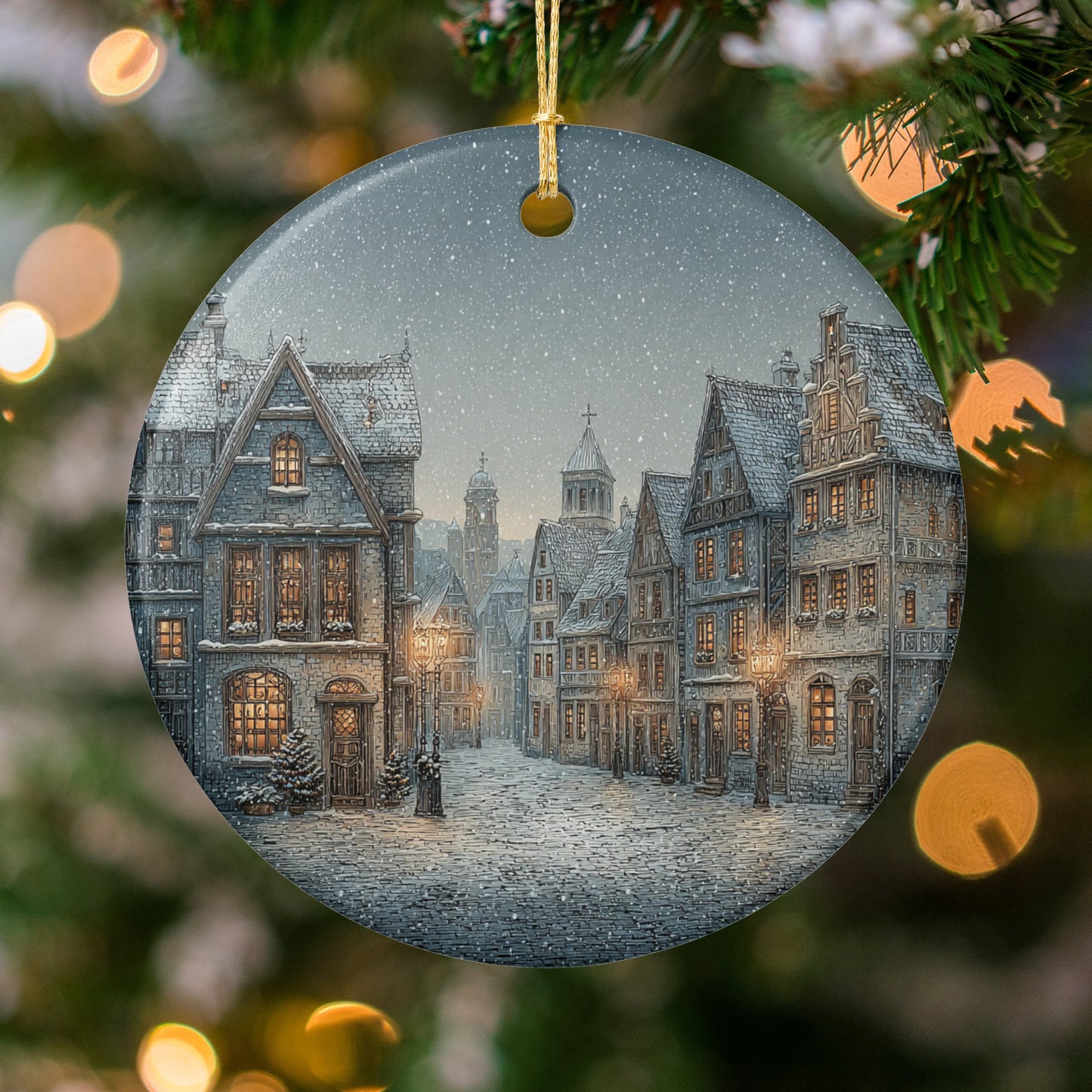 Christmas Village Scene with Snow Decor Ornament