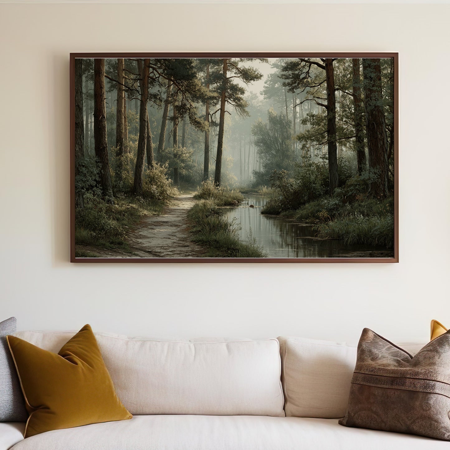 Tranquil forest path with river framed artwork
