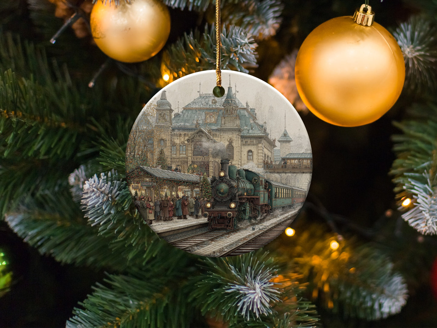 Vintage Train Station Scene Christmas Ornament