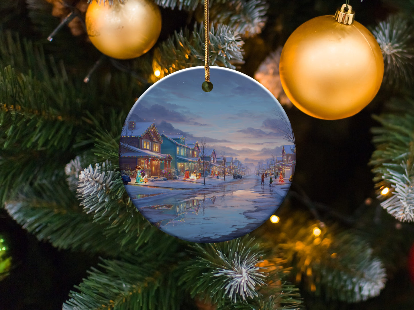 Beautiful Snowy Village Scene Christmas Ornament