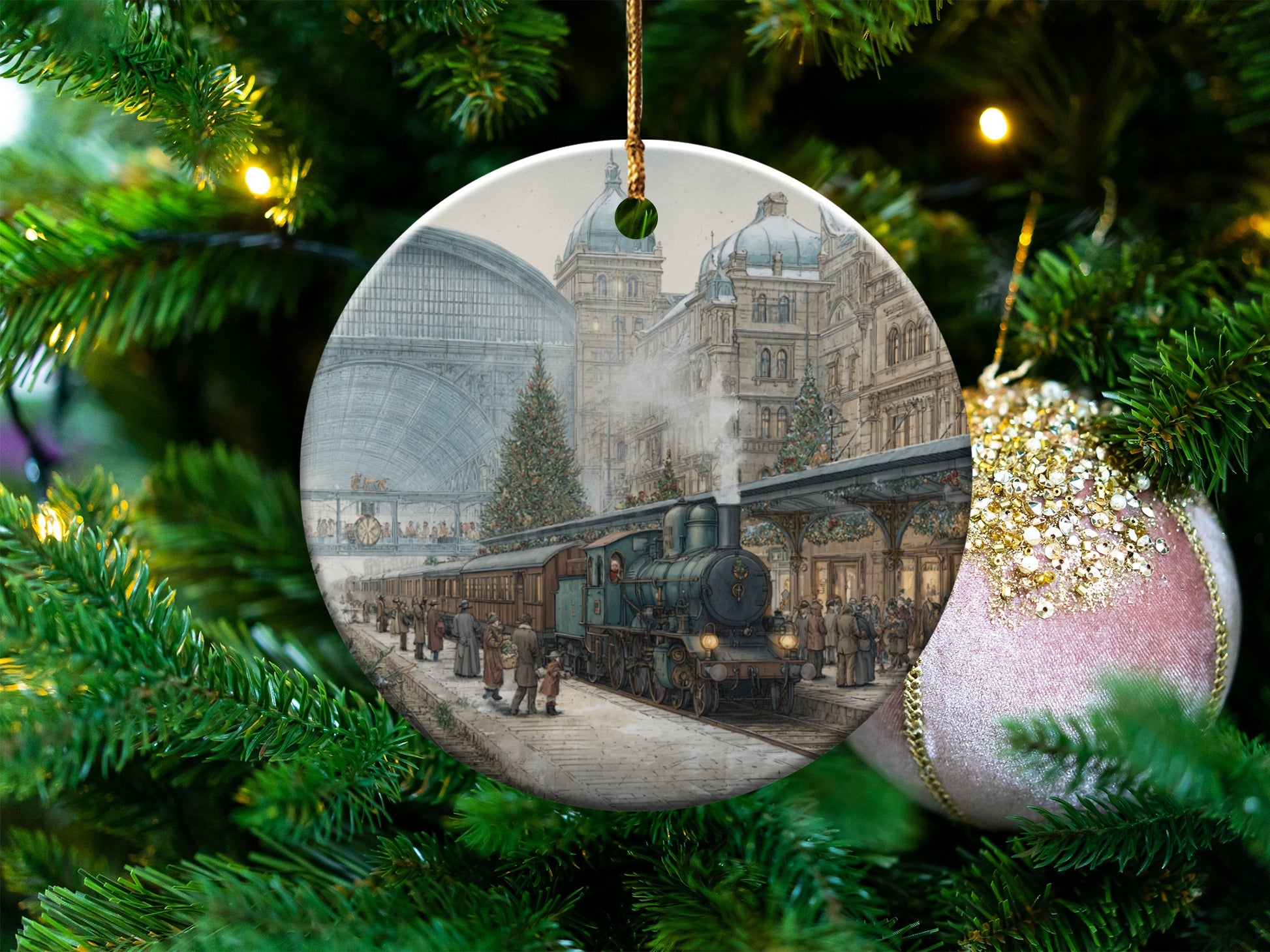 Vintage Train Station Christmas Ornament Product