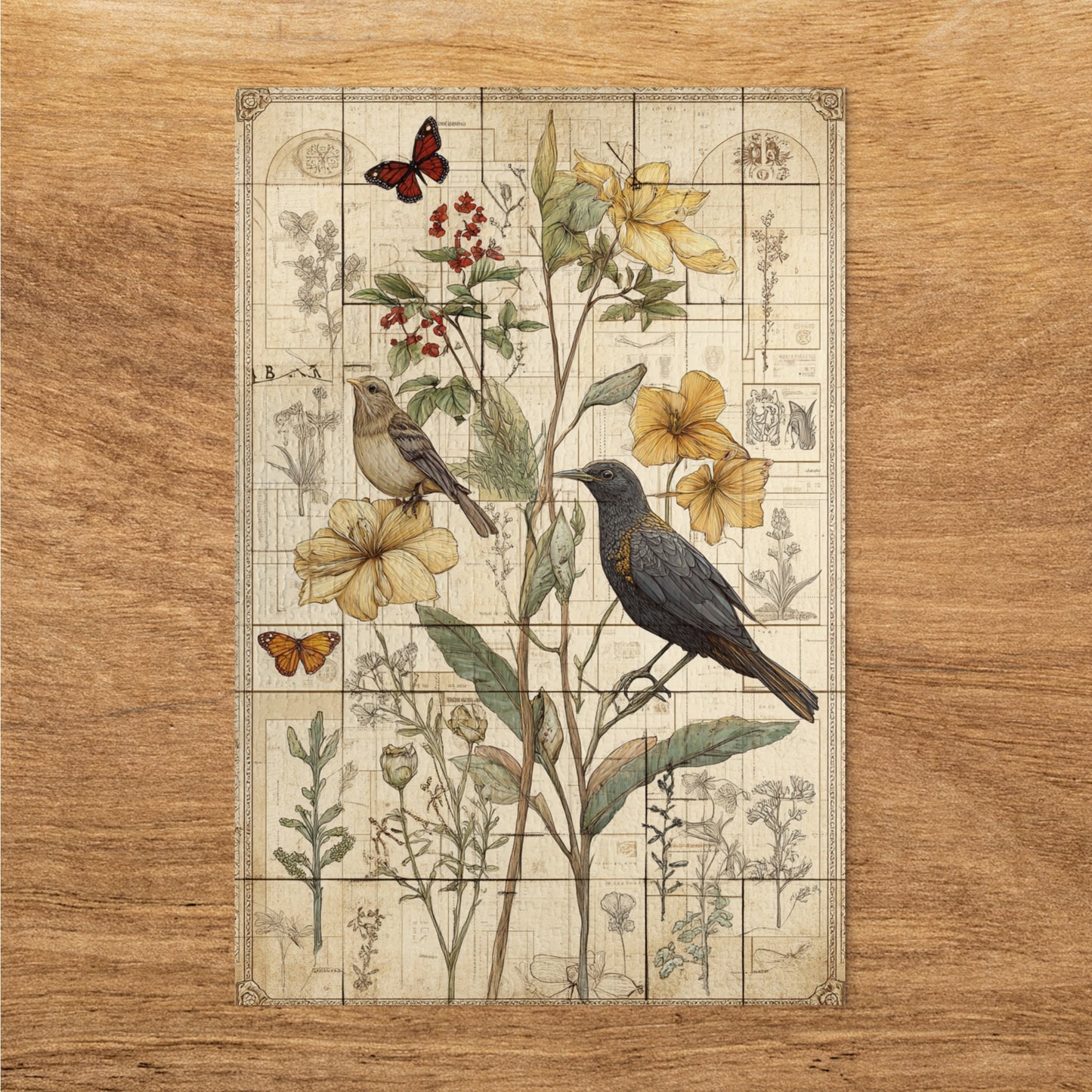 Vintage Botanical Birds and Butterflies Print