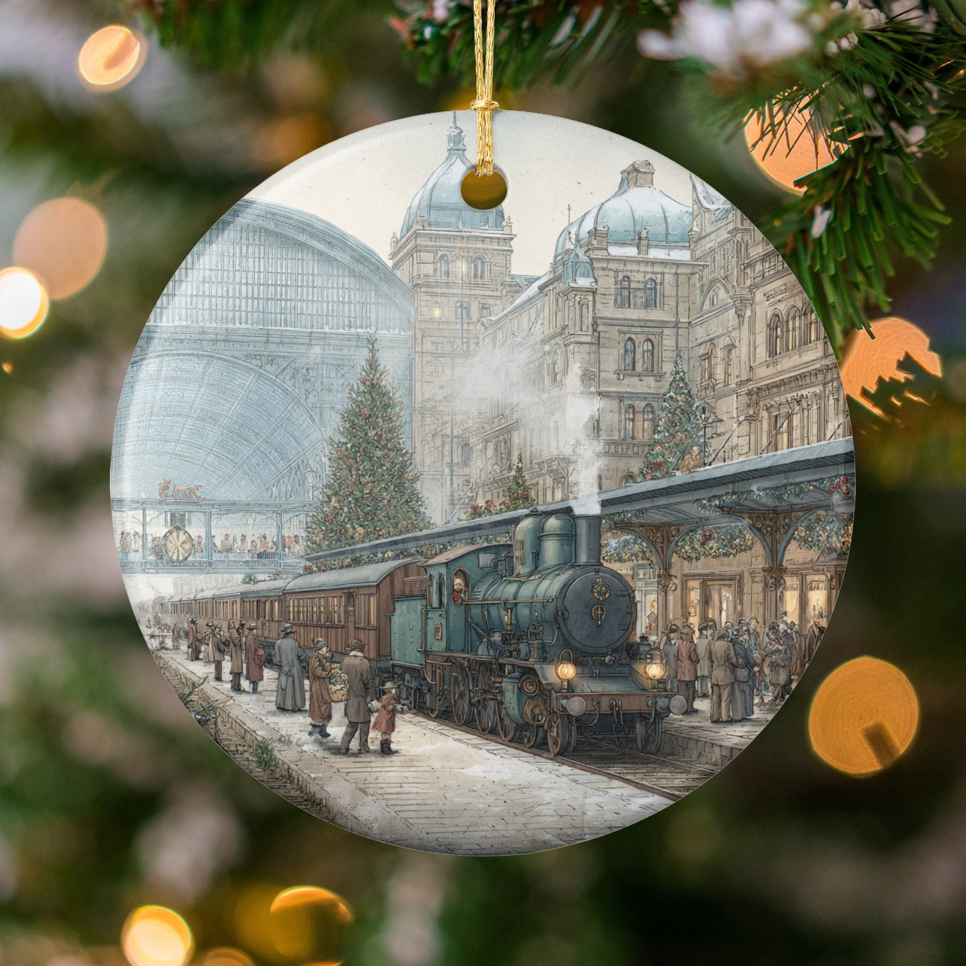 Vintage Christmas Train Station Scene Ornament