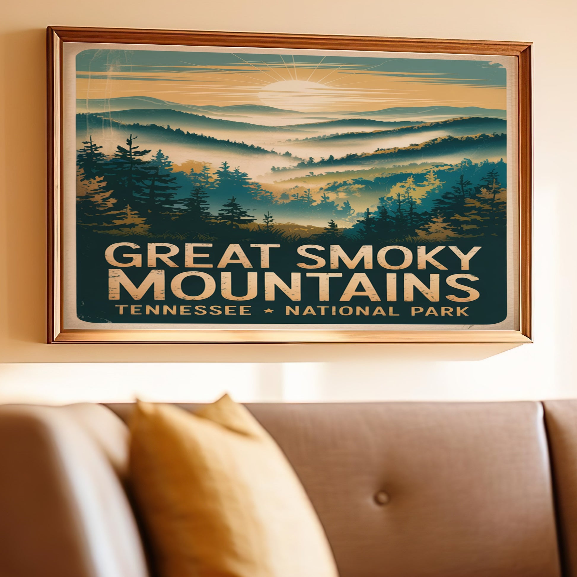 Great Smoky Mountains National Park poster with sunrise over misty mountains.