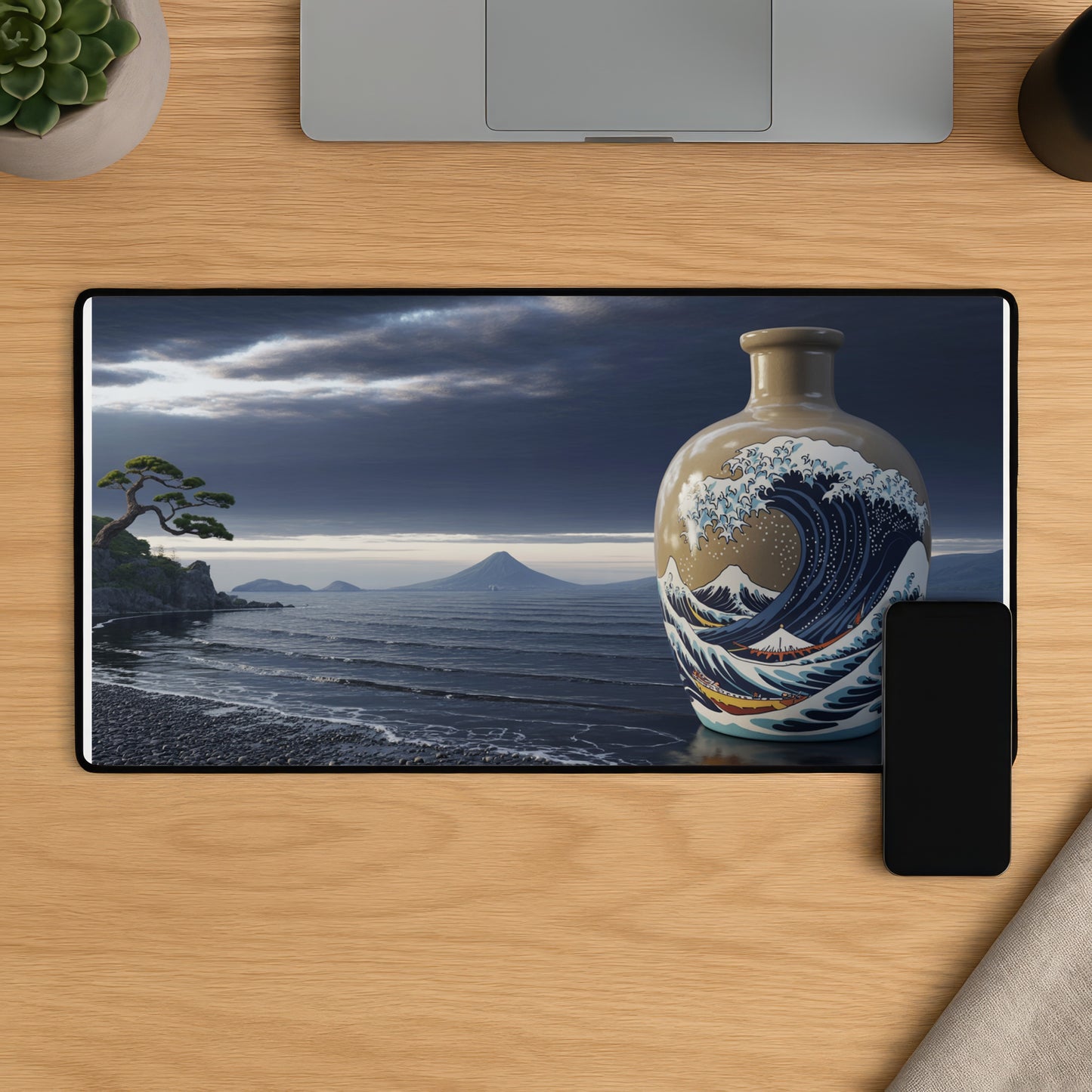 Desk mat featuring a vase with a Great Wave off Kanagawa design and a mountainous seascape.