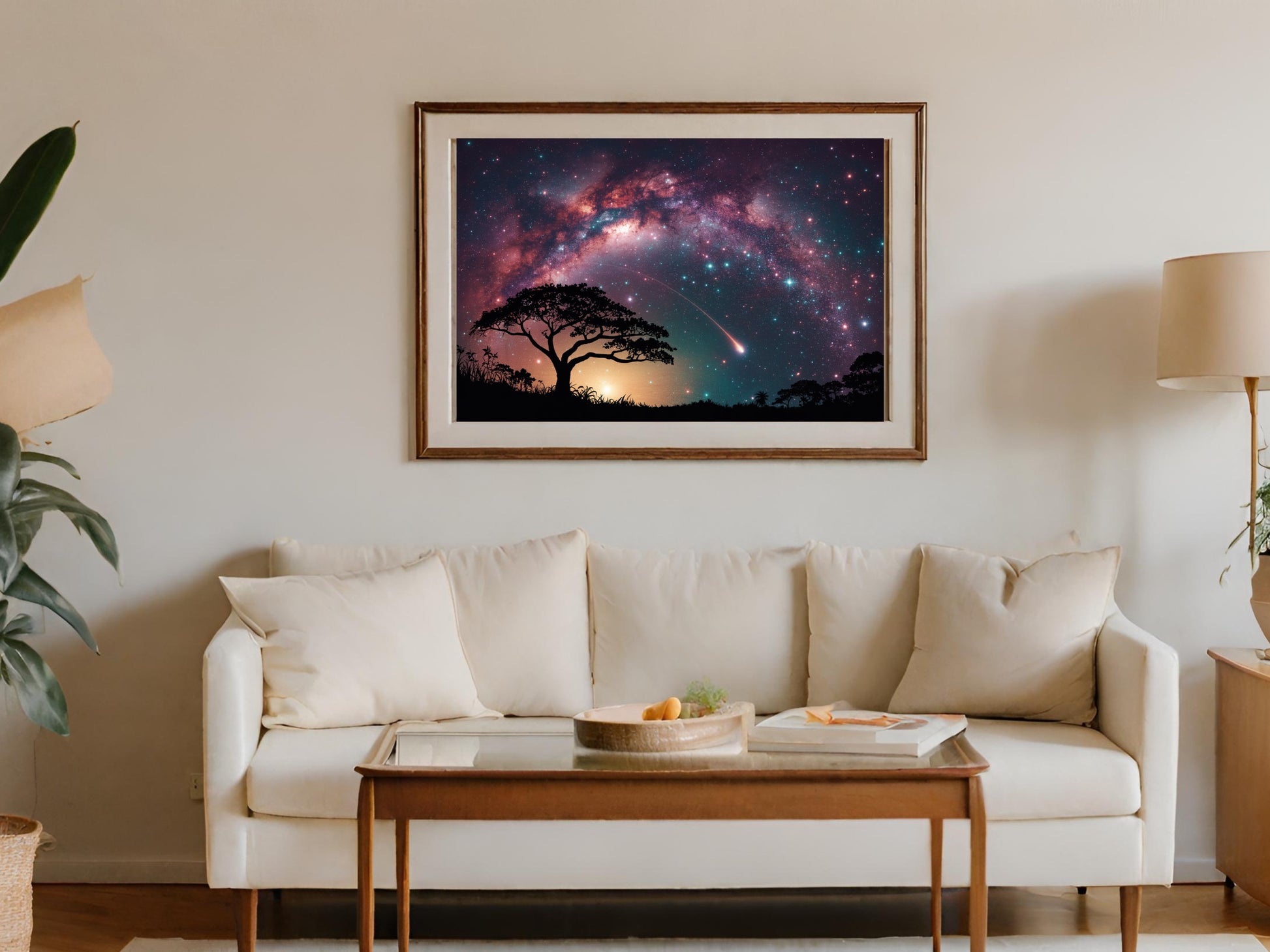 Framed artwork shows silhouetted tree against a vibrant Milky Way and shooting star.