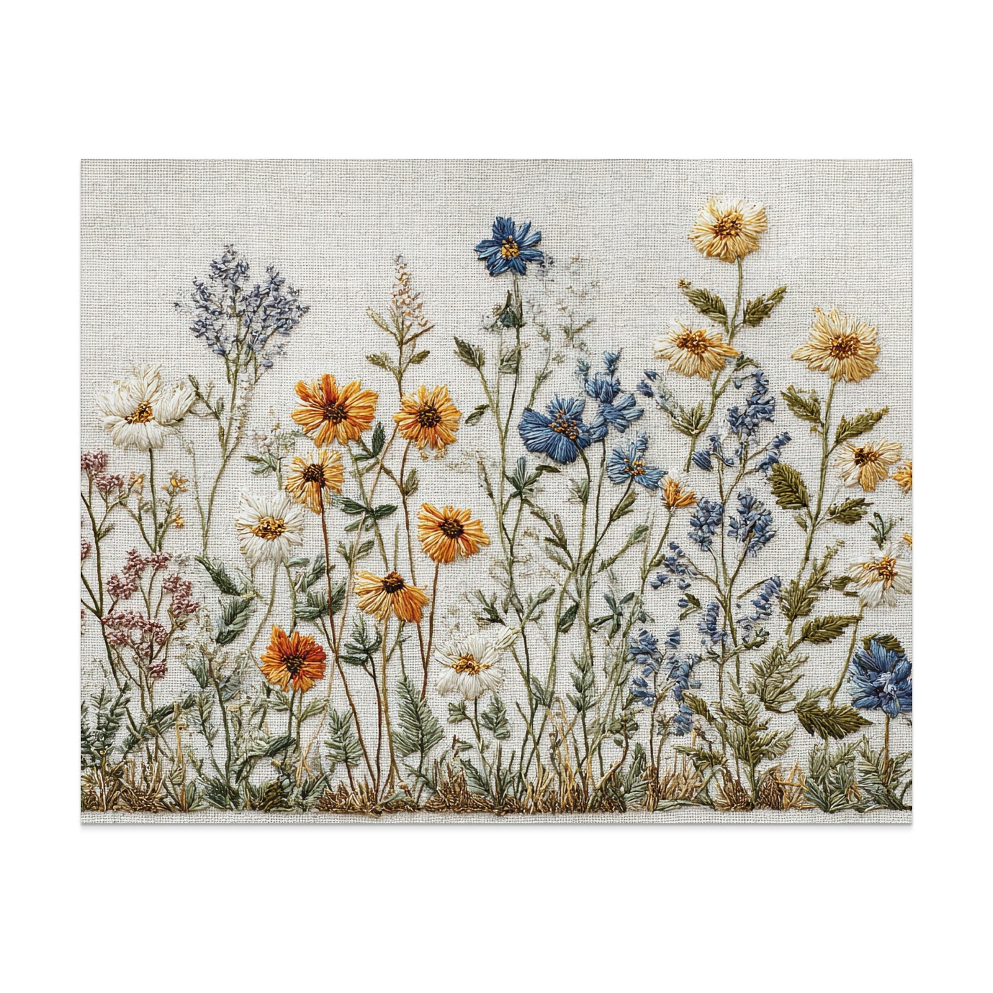 Embroidery of wildflowers with various colored blooms and green foliage.