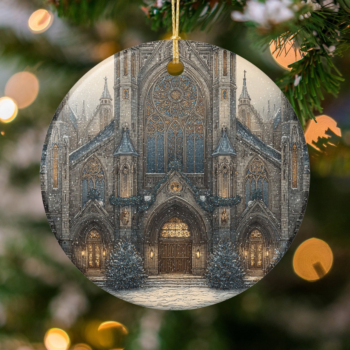 Beautiful Christmas Cathedral Round Ornament Decoration