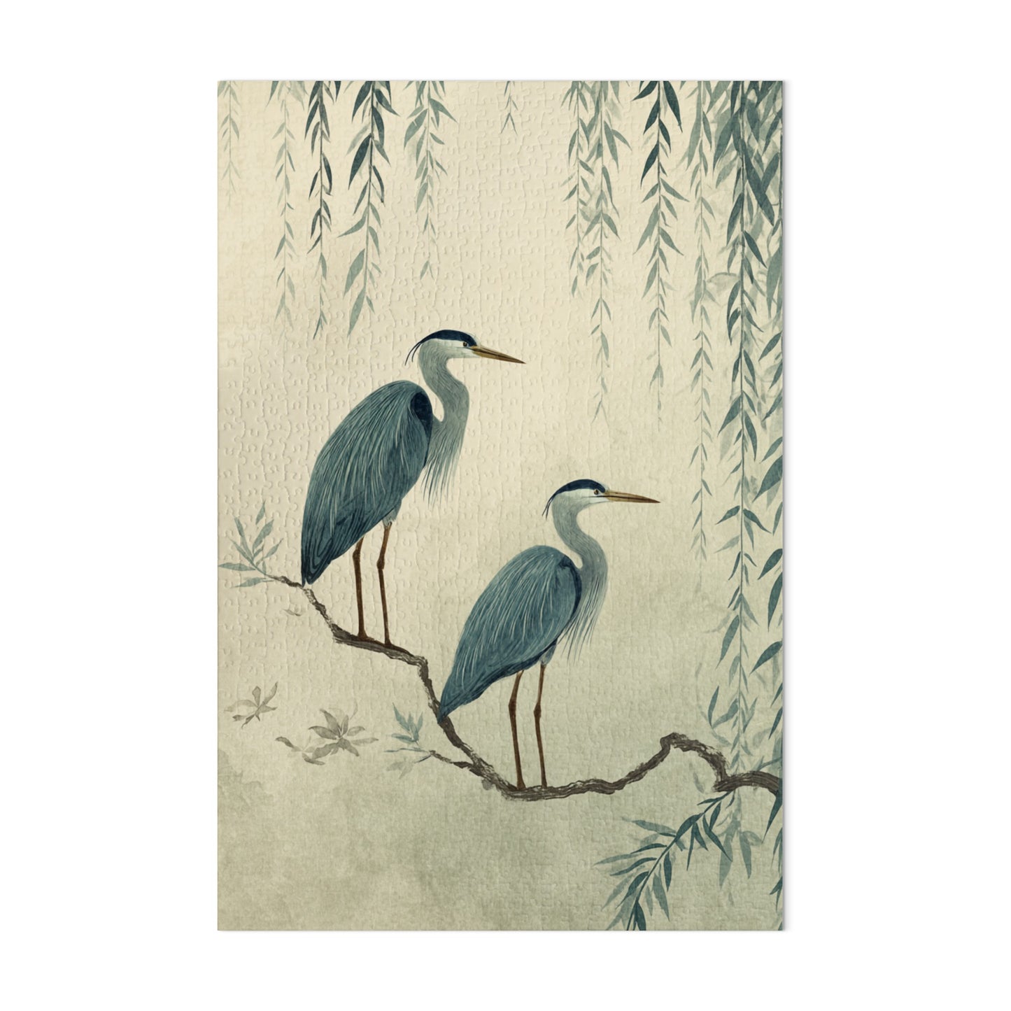 Serene Heron Artwork Under Willow Tree Scene Decor
