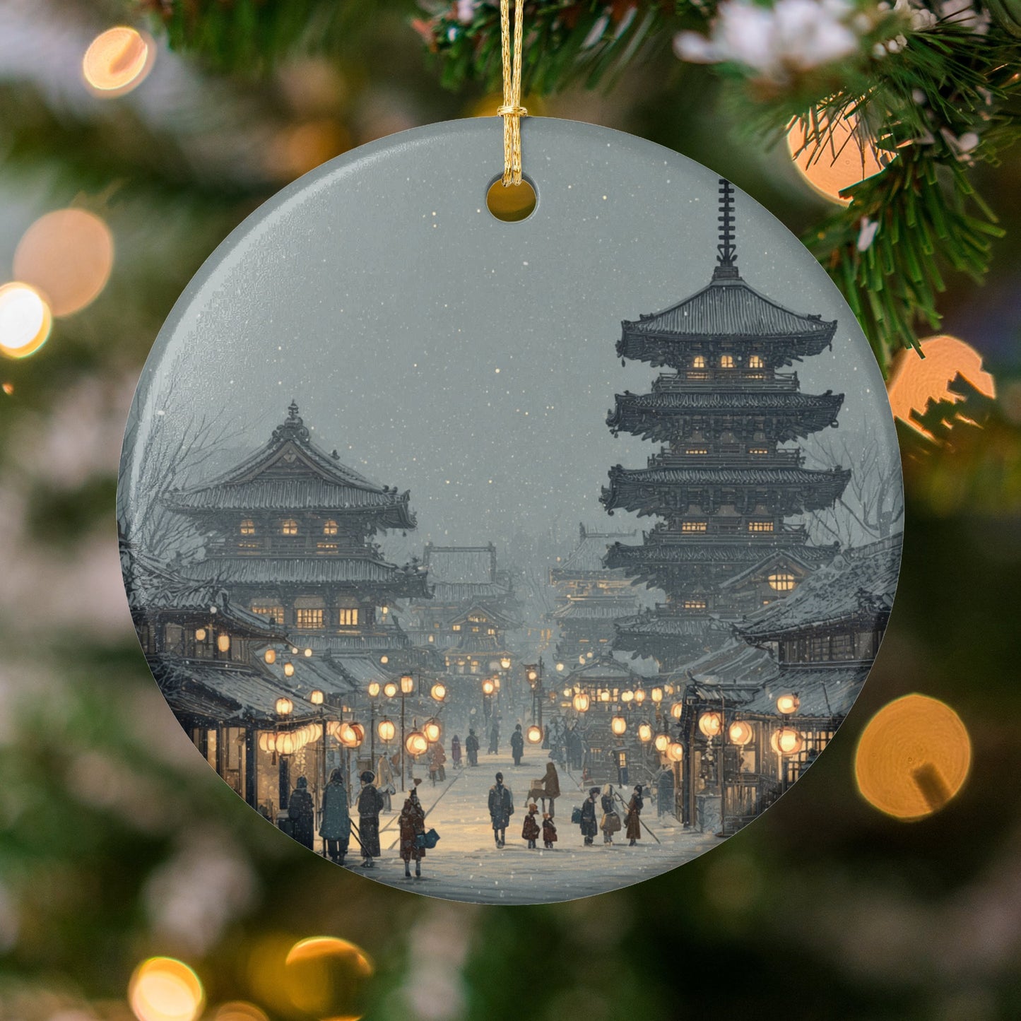 Festive Night in Japanese Temple Scene Ornament