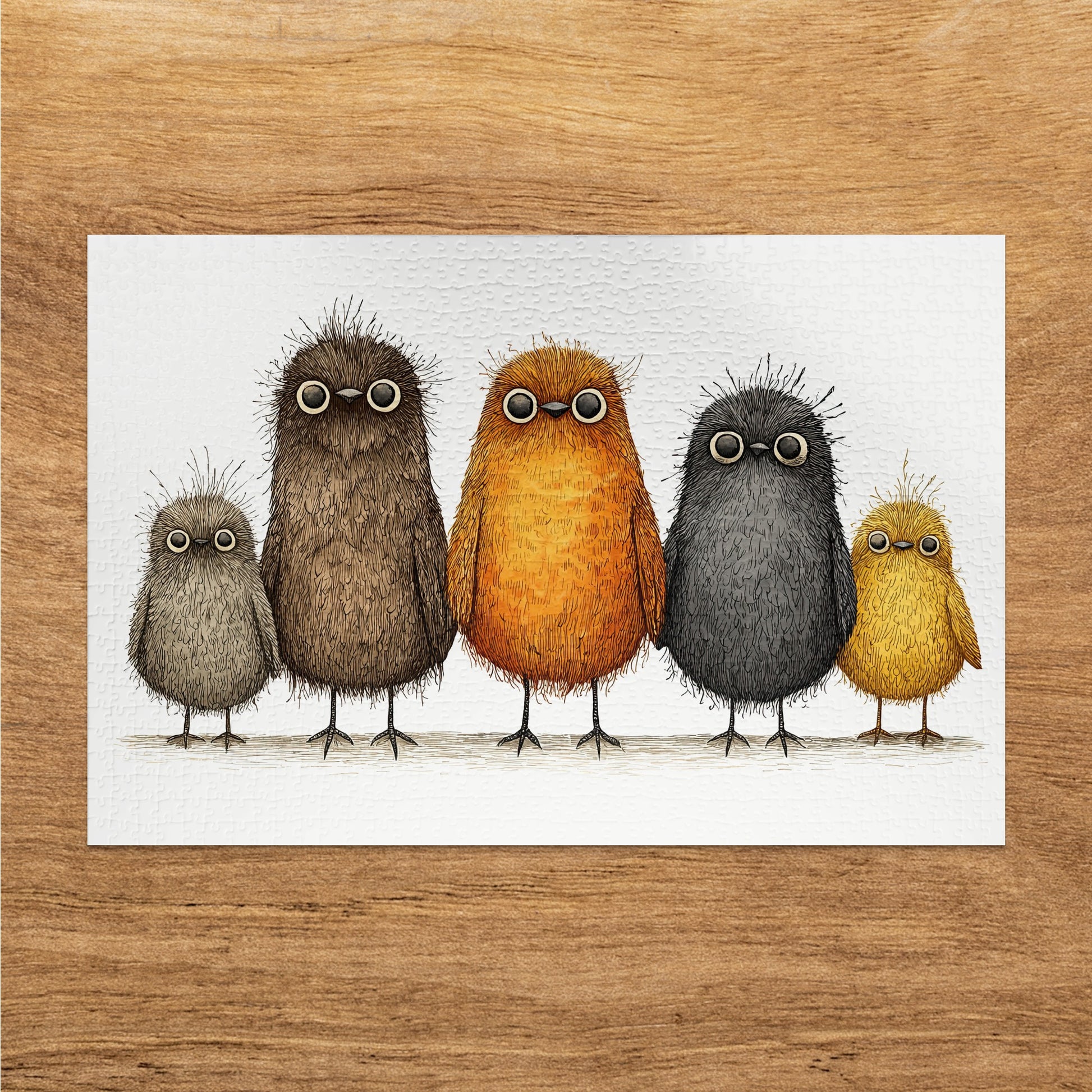 Five cartoon birds of varying sizes and colors stand in a row.