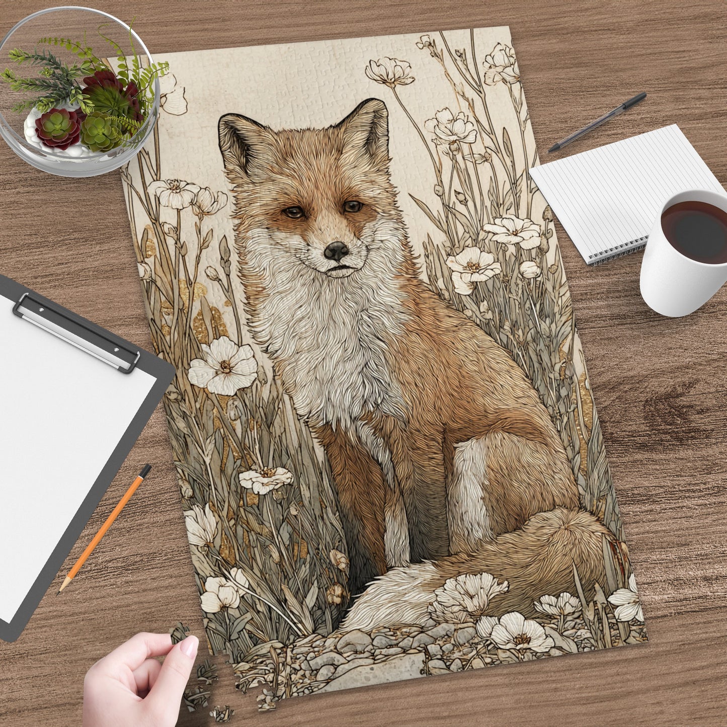 Intricate Fox Illustration Among Floral Design Poster