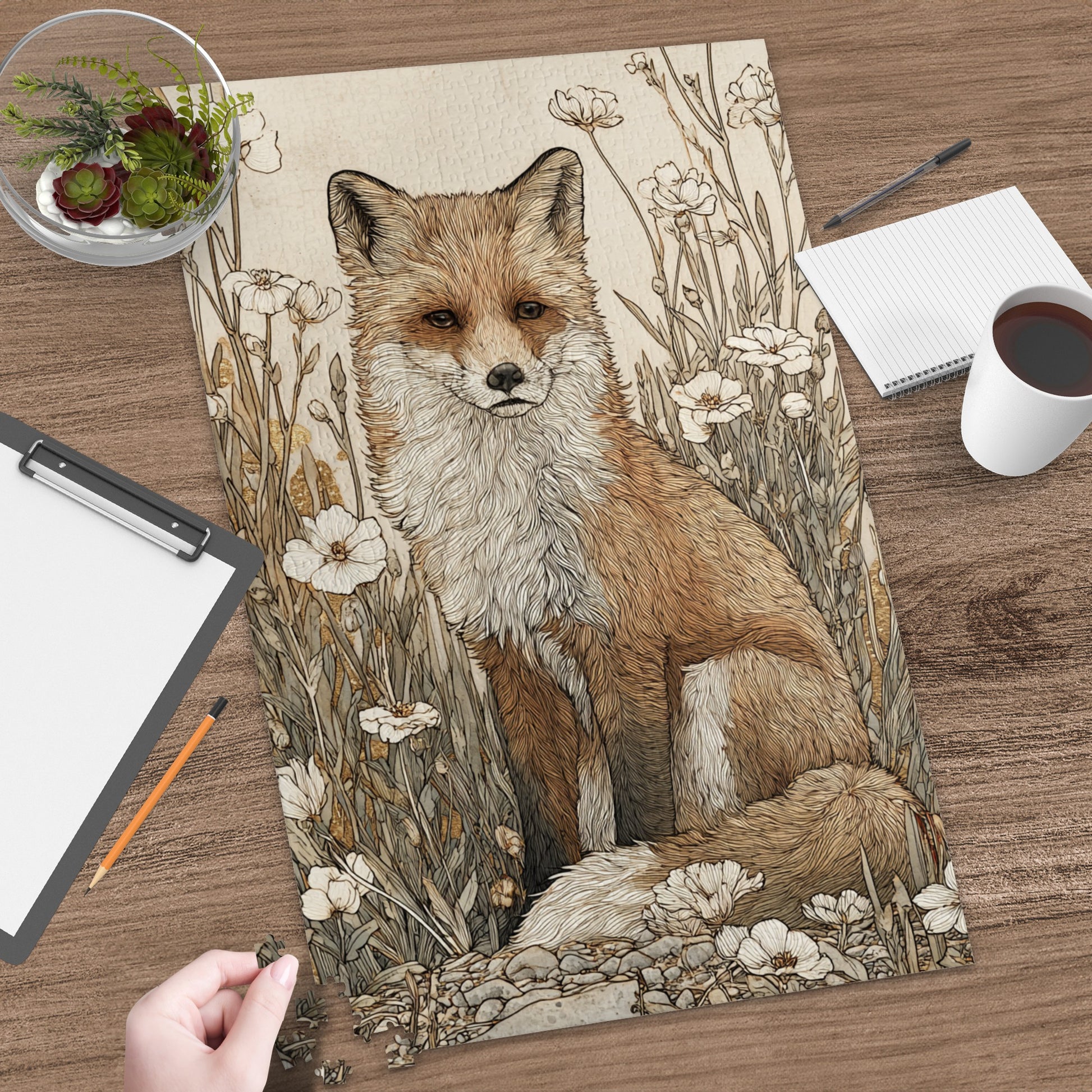 Intricate Fox Illustration Among Floral Design Poster